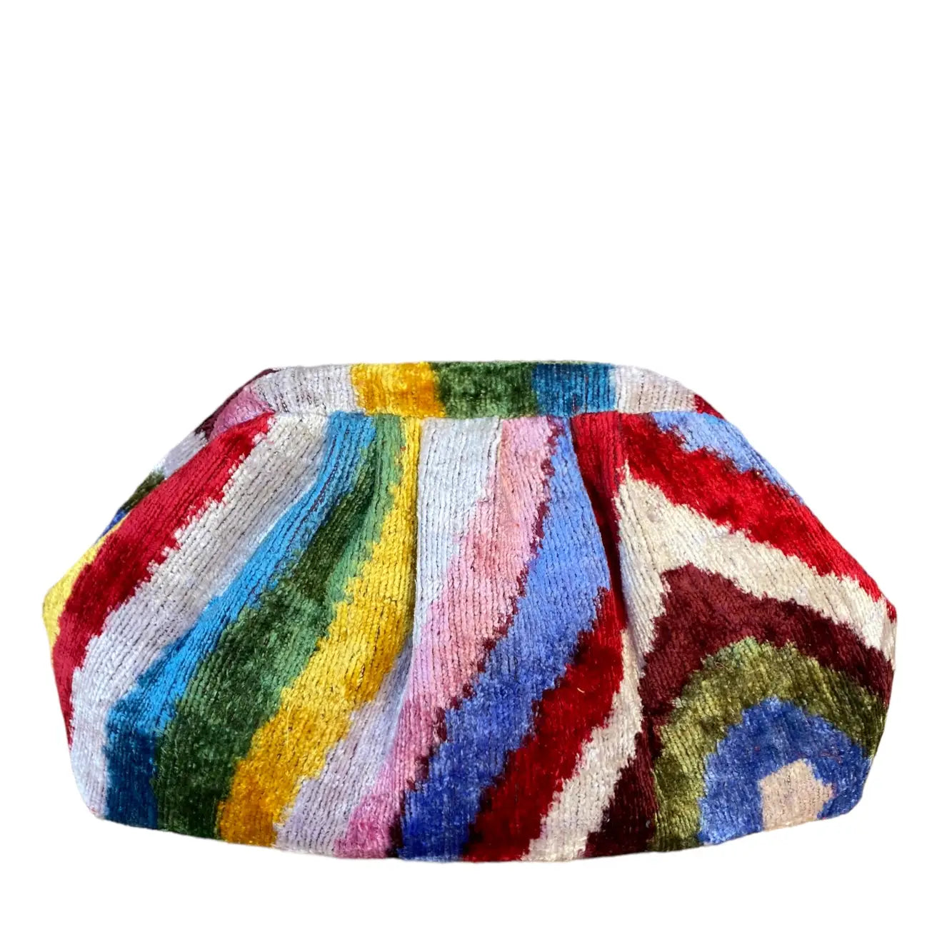 The Faire Silk Velvet Ikat Soft Clutch features colorful pleated velvet with vibrant wavy stripes—an elegant accessory that adds a touch of luxury to any look.