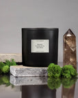 The 55 OZ Diptyque Candle by Faire, crafted from coconut wax, stands on a stone slab. Its black pepper scent blends with earthy green moss beside a brown crystal tower, all set against a gray background.