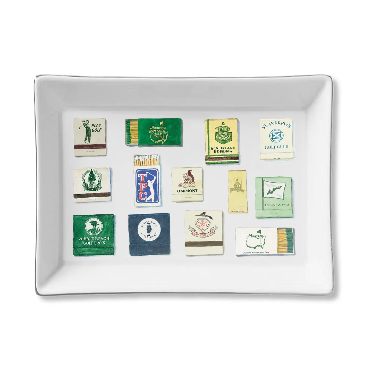 The Faire Ceramic Tray is a rectangular white ceramic tray featuring colorful matchbook cover illustrations from famous golf clubs—perfect for organizing small items or gifting to golf enthusiasts.