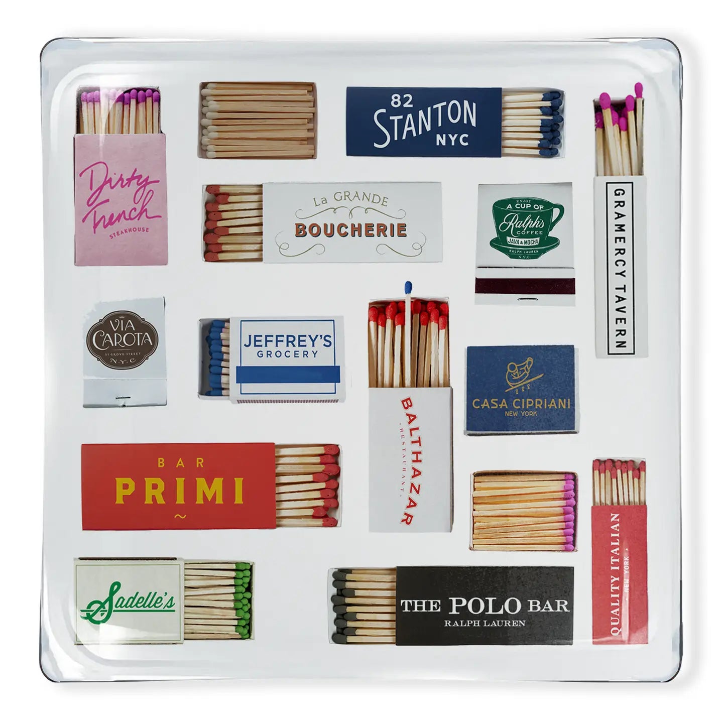 Ceramic tray with NY Restaurants print by Faire, perfect for organizing matchbooks; ideal gift for city dining fans.