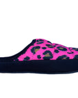 The Faire Coma Toes are slip-on lounge slippers featuring a thick black sole and a bright pink quilted upper with a bold black and yellow leopard print, inspired by cozy puffy coat designs.