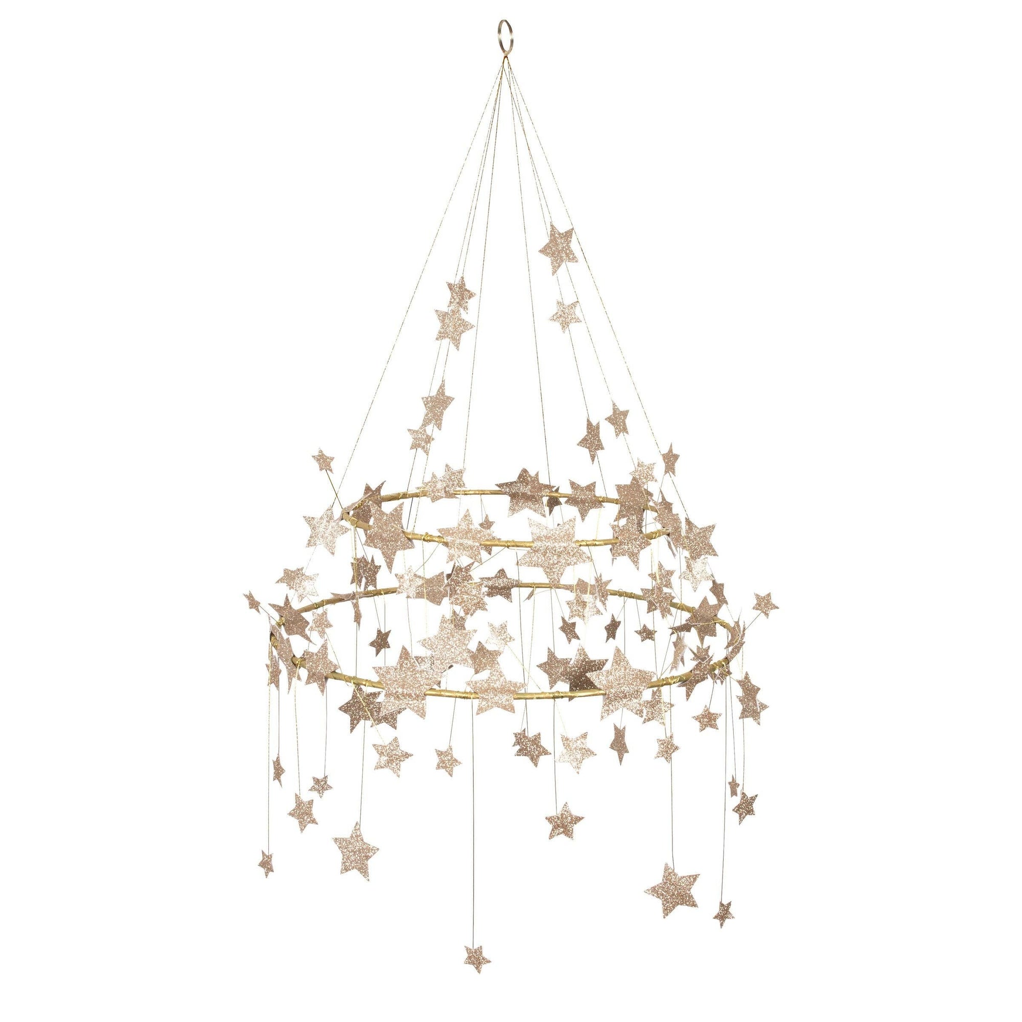 The Faire Gold Sparkle Star Chandelier features two gold rings with plant-based glitter stars suspended from strings, creating a whimsical celestial Pajaki-inspired decor perfect for any space.