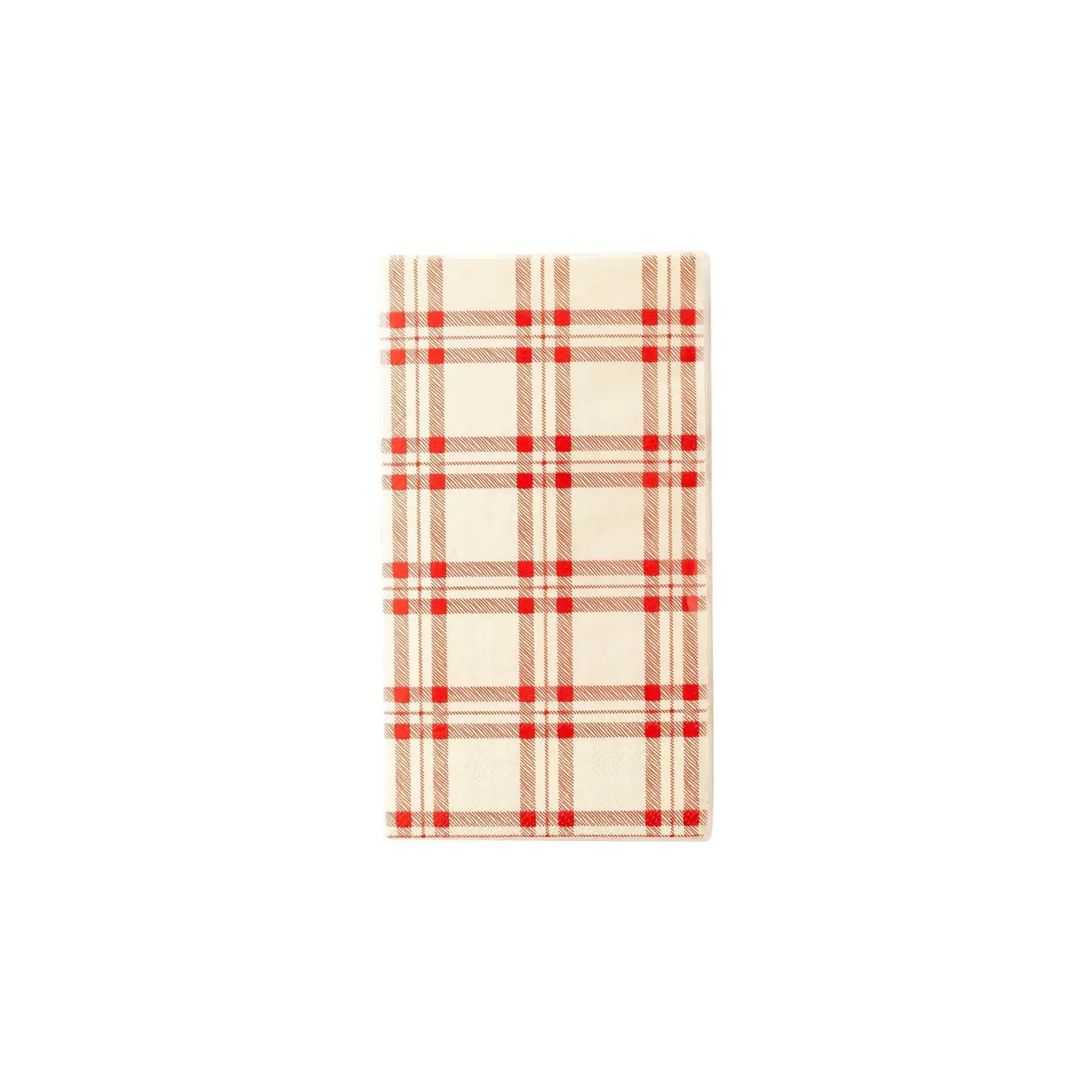 The MME Napkin by Faire is a rectangular item with a beige backdrop adorned with a red and black plaid design. This simple, geometric pattern consists of intersecting horizontal and vertical lines creating squares.