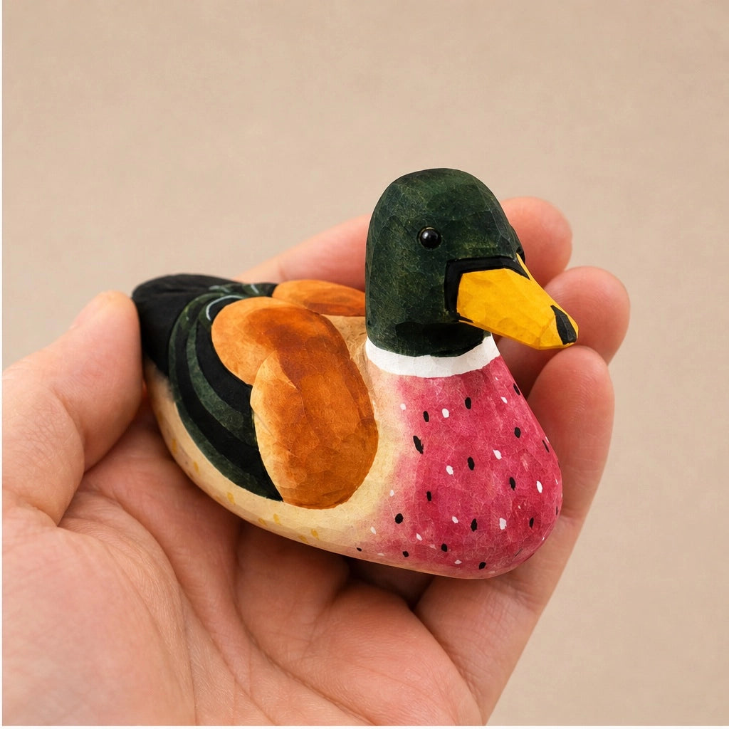 Green hand-painted carved basswood duck figurine by Faire, perfect for rustic decor, shown held in hand.