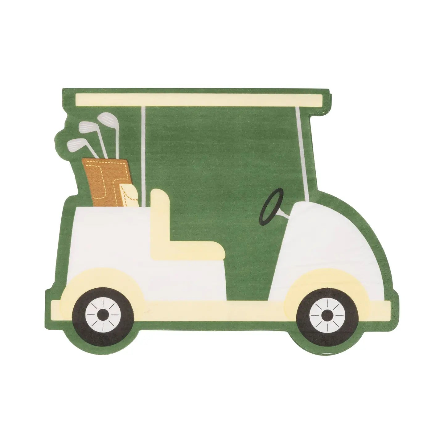 The Faire Cocktail Napkin features an illustration of a green and white golf cart with a tan golf bag holding clubs. It has a steering wheel, two circular wheels, and is set against a plain white background, making it perfect for fun gatherings.