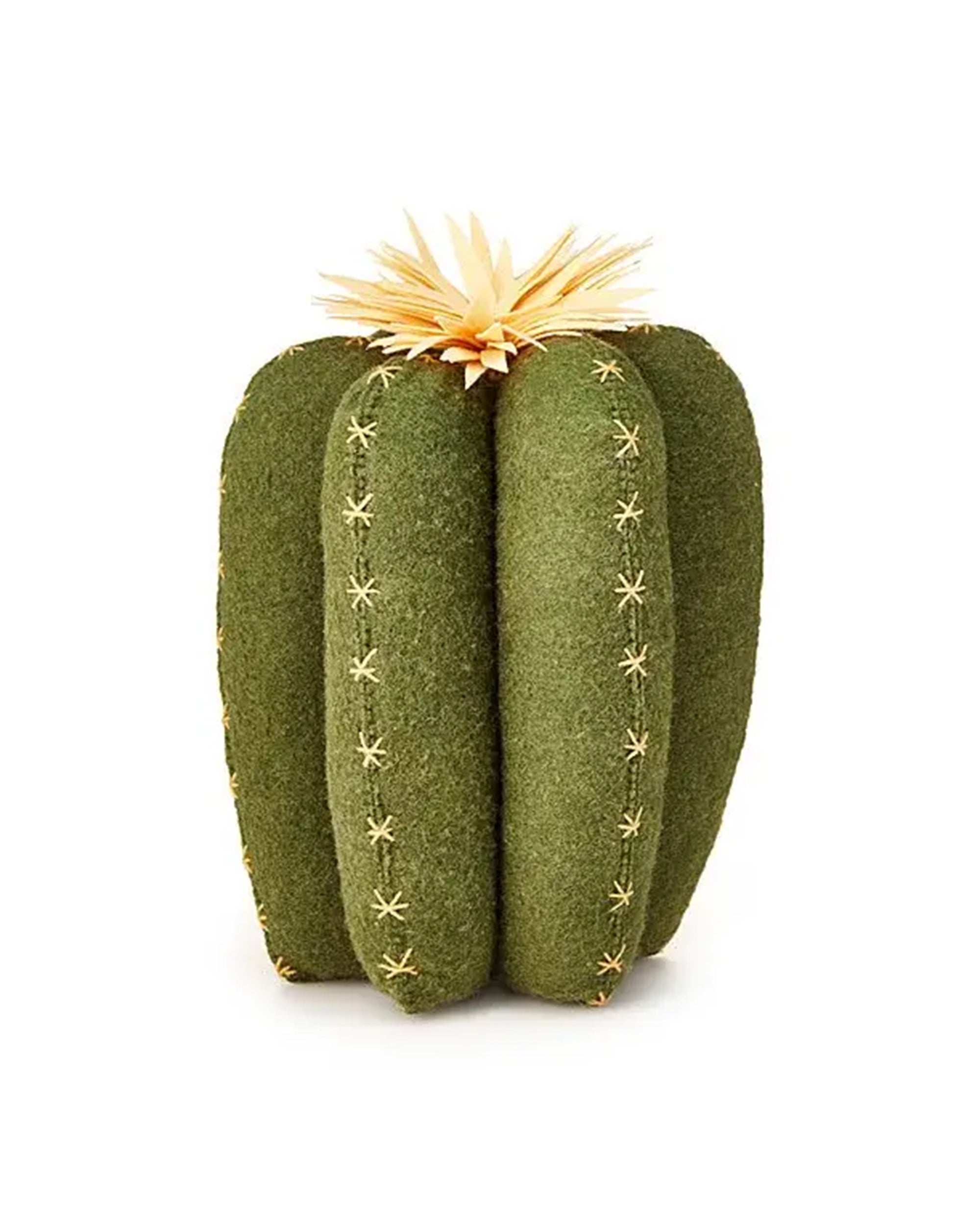 The Faire Ridged Cactus Pillow is a 14-inch plush made of green fabric with stitched details and a yellow flower on top, adding a cute, realistic cactus touch to any room.