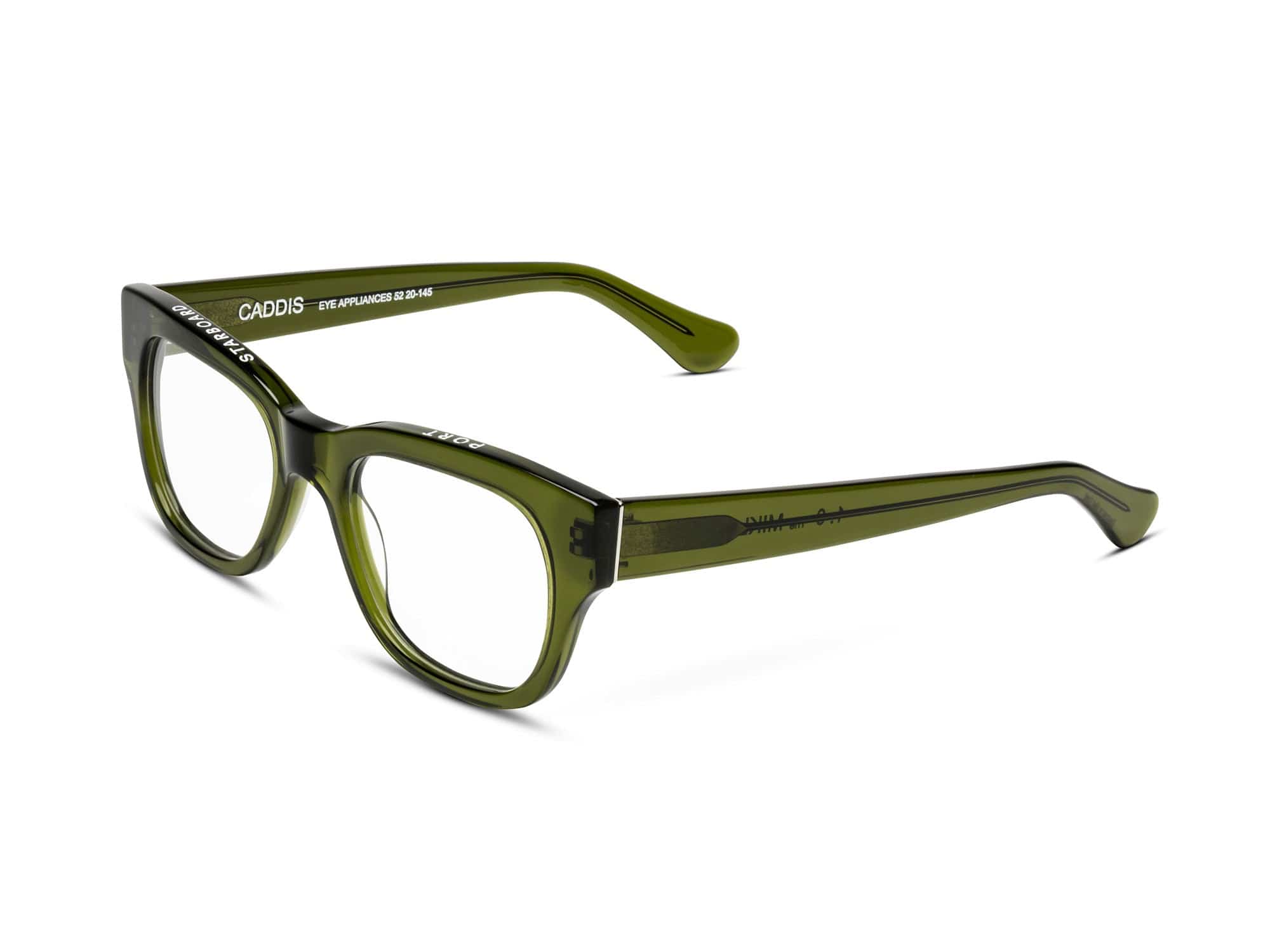 Miklos Heritage Green eyeglasses by Caddis feature thick olive green rectangular frames with slightly angled arms and "CADDIS" branding on the inside left temple, shown on a white background.