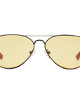 The Caddis Mabuhay Matte Black features wire frame aviator sunglasses with gold-color tinted lenses and red rubber temple tips, shown against a white background.