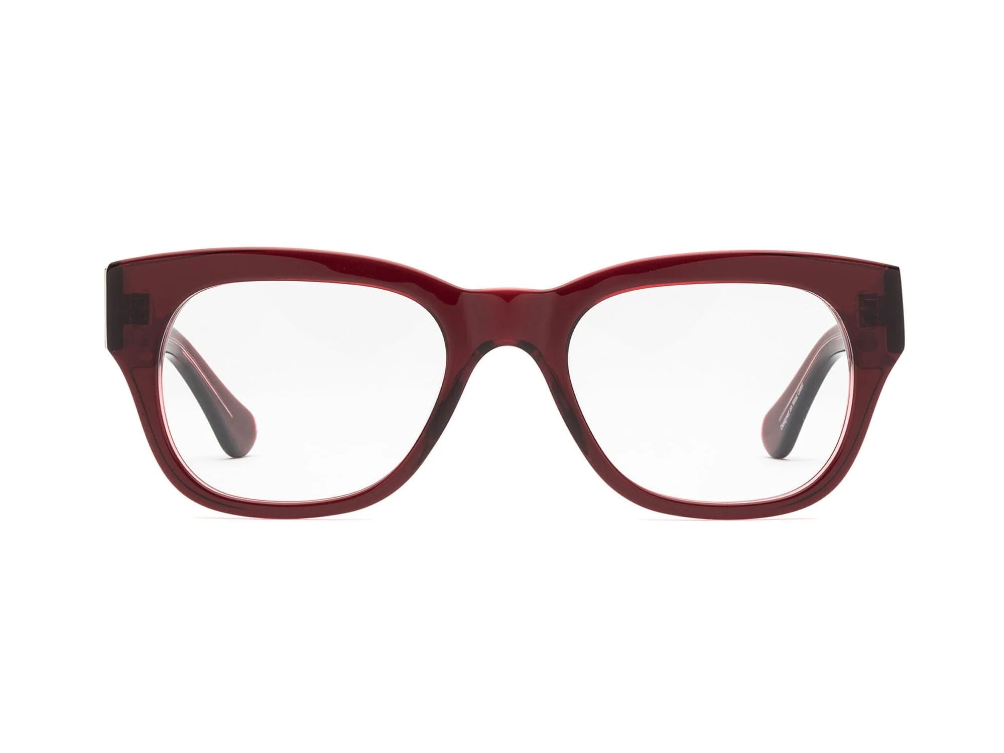 Front view of Caddis Miklos Boxwine eyewear featuring bold, square-shaped red frames and clear lenses—ideal statement glasses for larger faces.