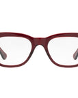 Front view of Caddis Miklos Boxwine eyewear featuring bold, square-shaped red frames and clear lenses—ideal statement glasses for larger faces.