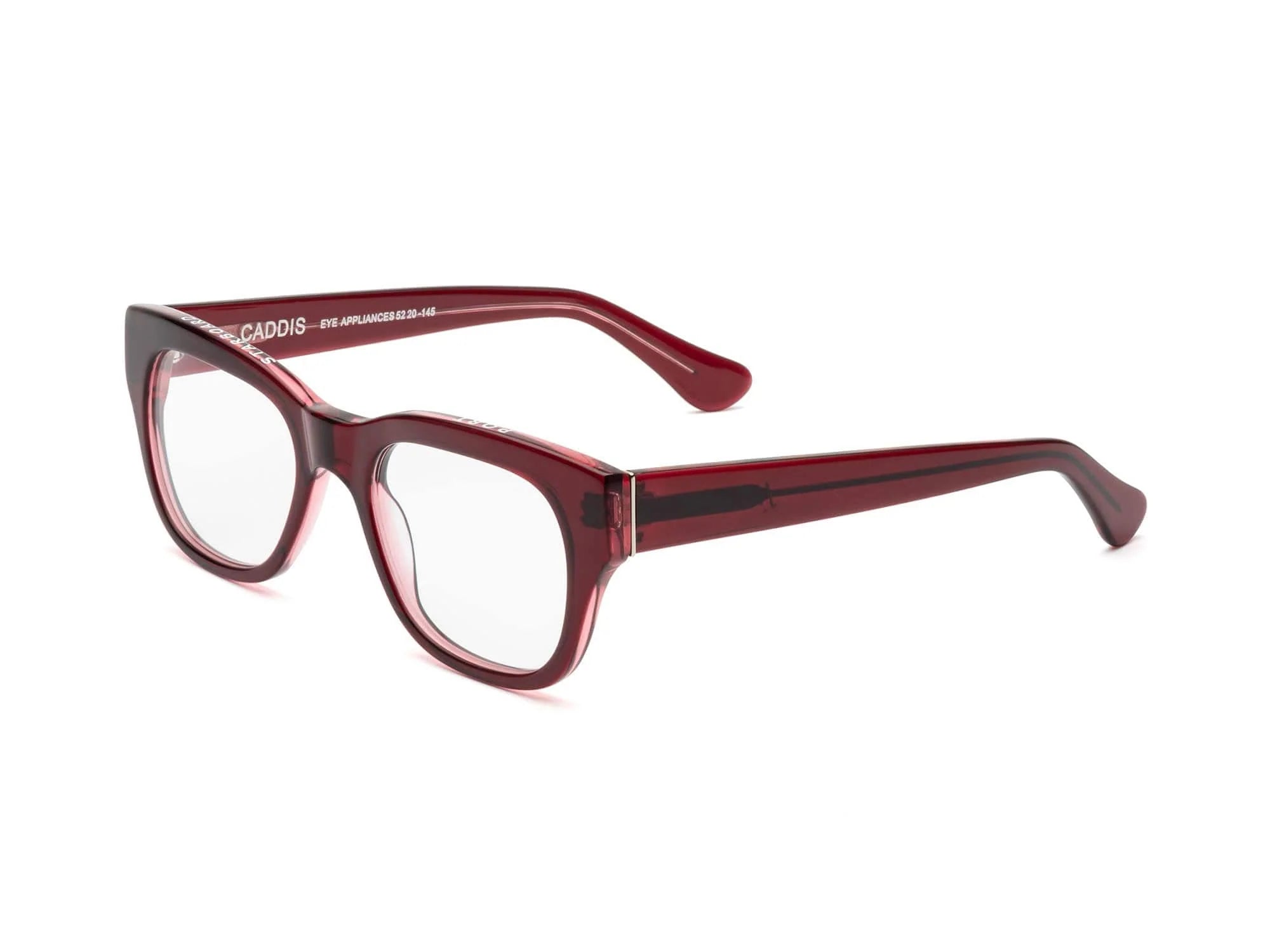 Red, rectangular Caddis Miklos Boxwine eyeglasses with thick, glossy frames and clear lenses, shown from the front and right side—ideal glasses for large faces.