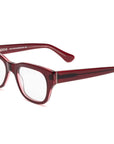 Red, rectangular Caddis Miklos Boxwine eyeglasses with thick, glossy frames and clear lenses, shown from the front and right side—ideal glasses for large faces.