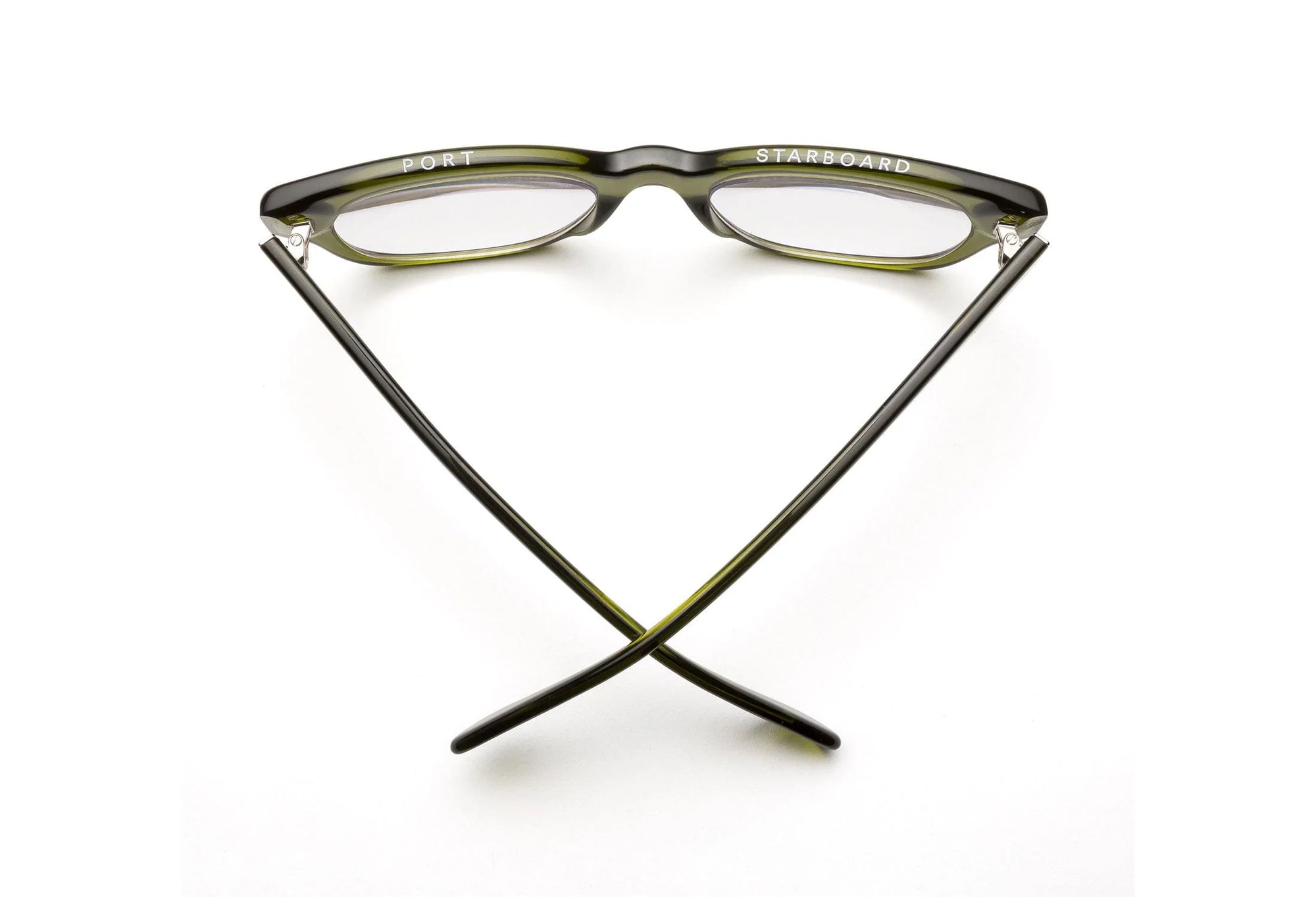 A pair of Caddis Miklos Heritage Green eyeglasses with thick frames sits upside down, arms crossed at the bottom. "PORT" is above the left lens and "STARBOARD" above the right, all set against a white background.