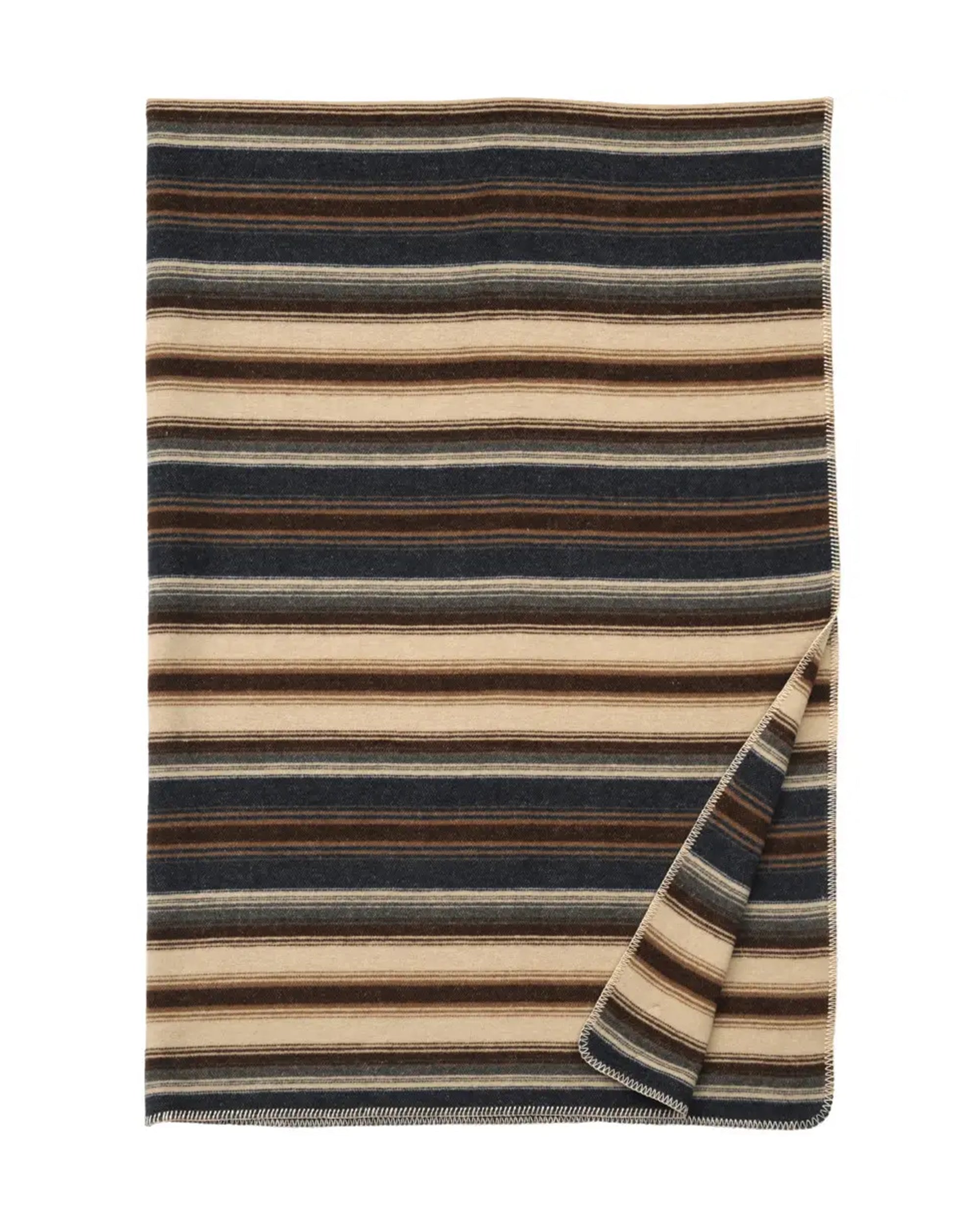 The Faire Cadillac Ranch Throw features horizontal stripes in beige, brown, and dark gray. Neatly folded with a corner turned up to reveal the reverse side, this throw is both stylish and cozy.