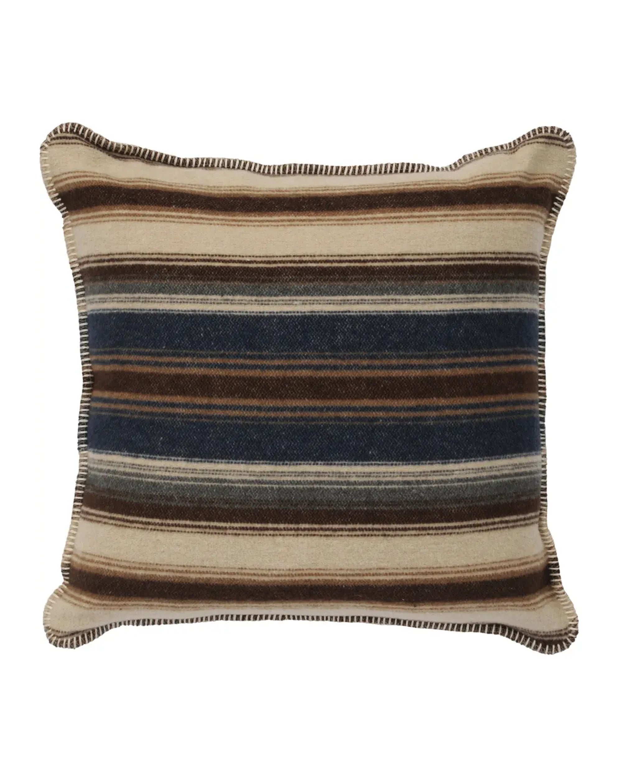 The Cadillac Ranch 20x20 pillow by Faire features horizontal stripes in brown, beige, and navy on an Italian wool blend. Finished with dark brown stitched edges, it offers a rustic, cozy touch to any space.