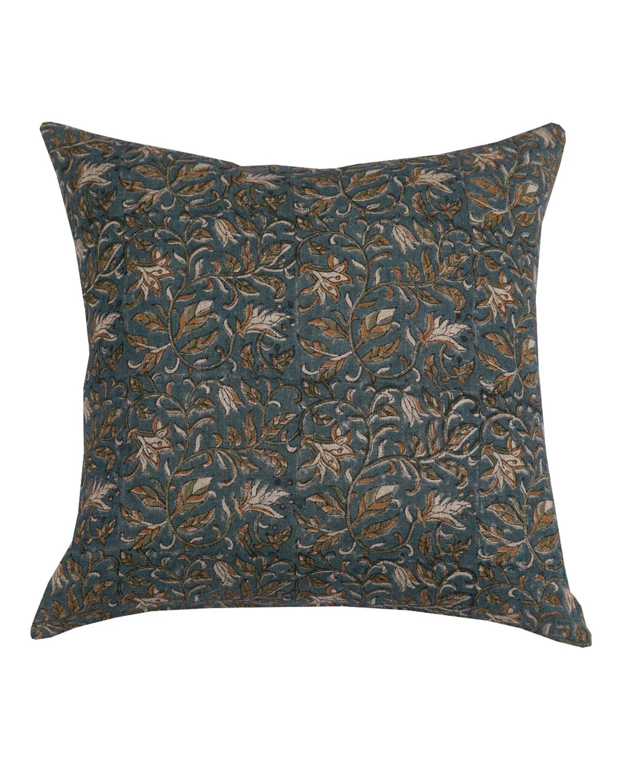 The Calluna Pillow 22x22 by Filling Spaces LLC features a dark teal linen background with hand block-printed leaves and vines in brown, tan, and beige, creating an intricate, all-over decorative pattern.