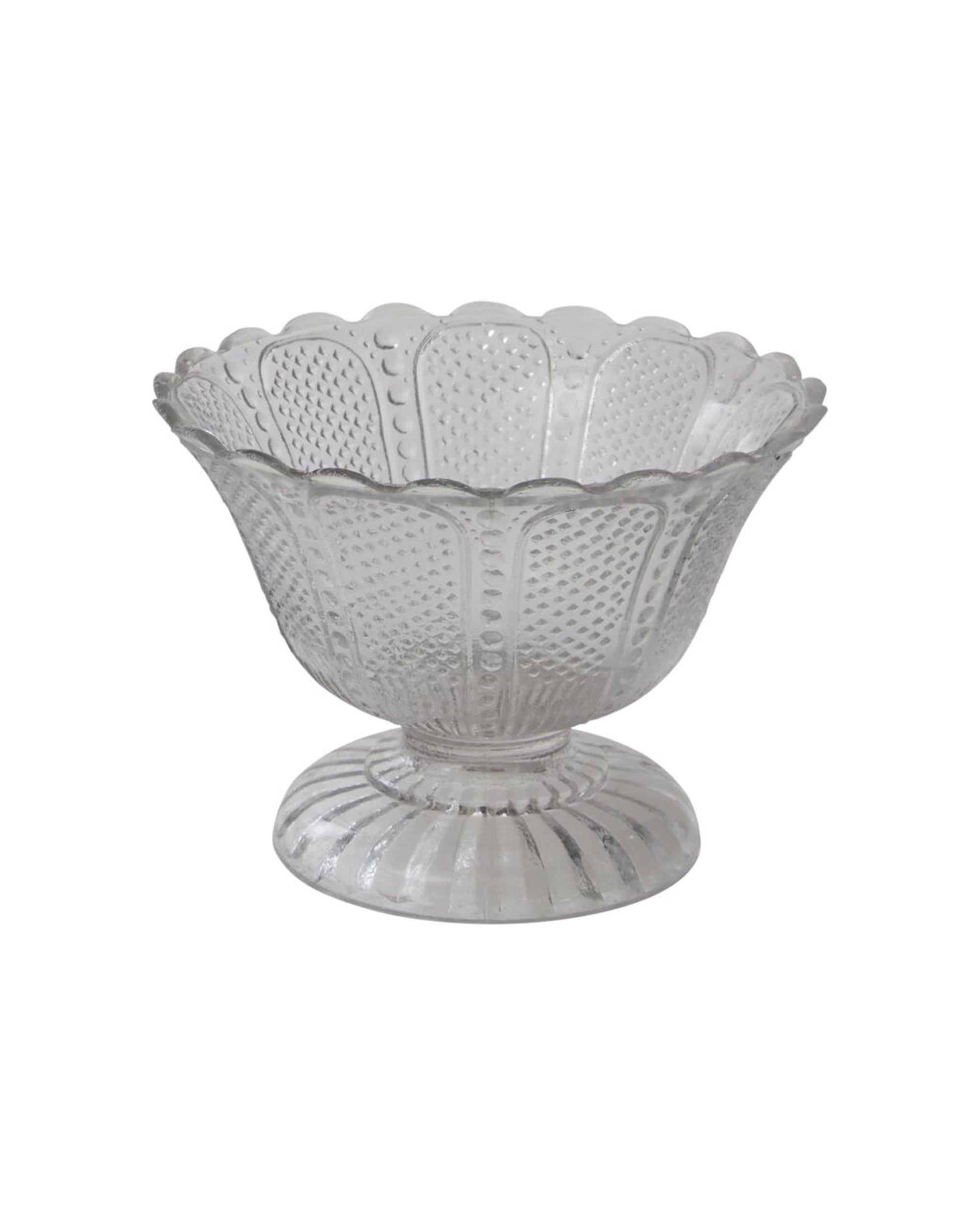 The Accent Decor 35746 Camilla Compote is a clear glass pedestal bowl with a scalloped rim, textured sides, 7x7x5.25" dimensions, and a 5.5" opening—perfect for stylish serving or elegant display.