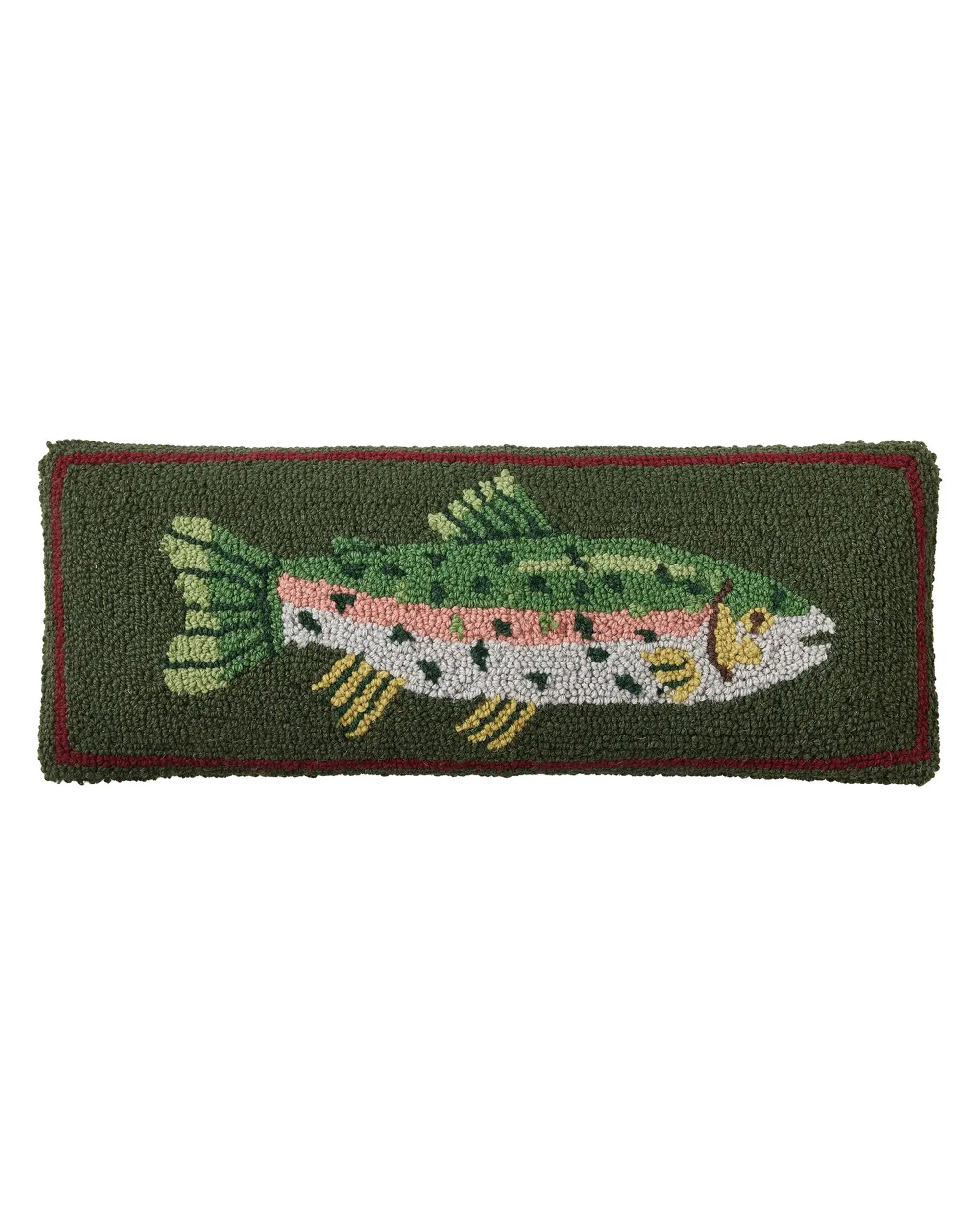 The CAMP WANDAWEGA TROUT PILLOW by Faire is a rectangular green hand-hooked accent featuring a colorful fish with green, yellow, pink, and black details plus a red border—ideal for cozy camp-inspired decor.