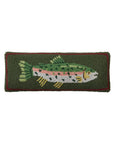 The CAMP WANDAWEGA TROUT PILLOW by Faire is a rectangular green hand-hooked accent featuring a colorful fish with green, yellow, pink, and black details plus a red border—ideal for cozy camp-inspired decor.