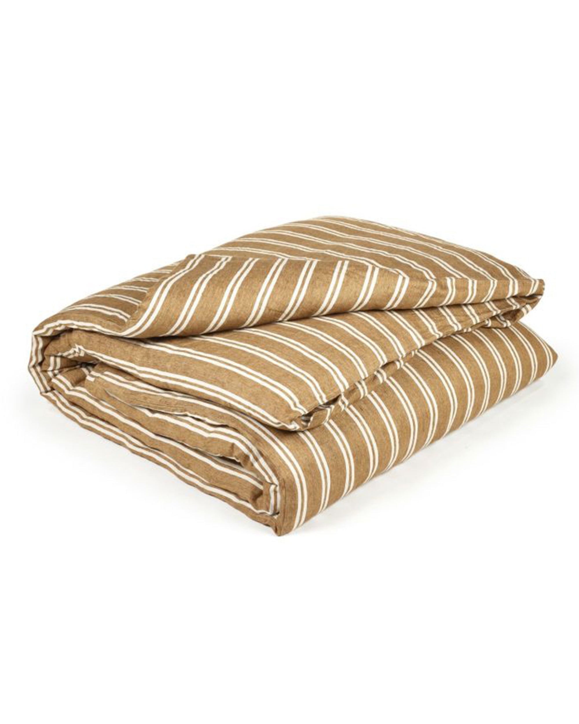 The Libeco Home Canal Stripe Duvet, a brown linen cover with white horizontal stripes, is folded and displayed on a white background.