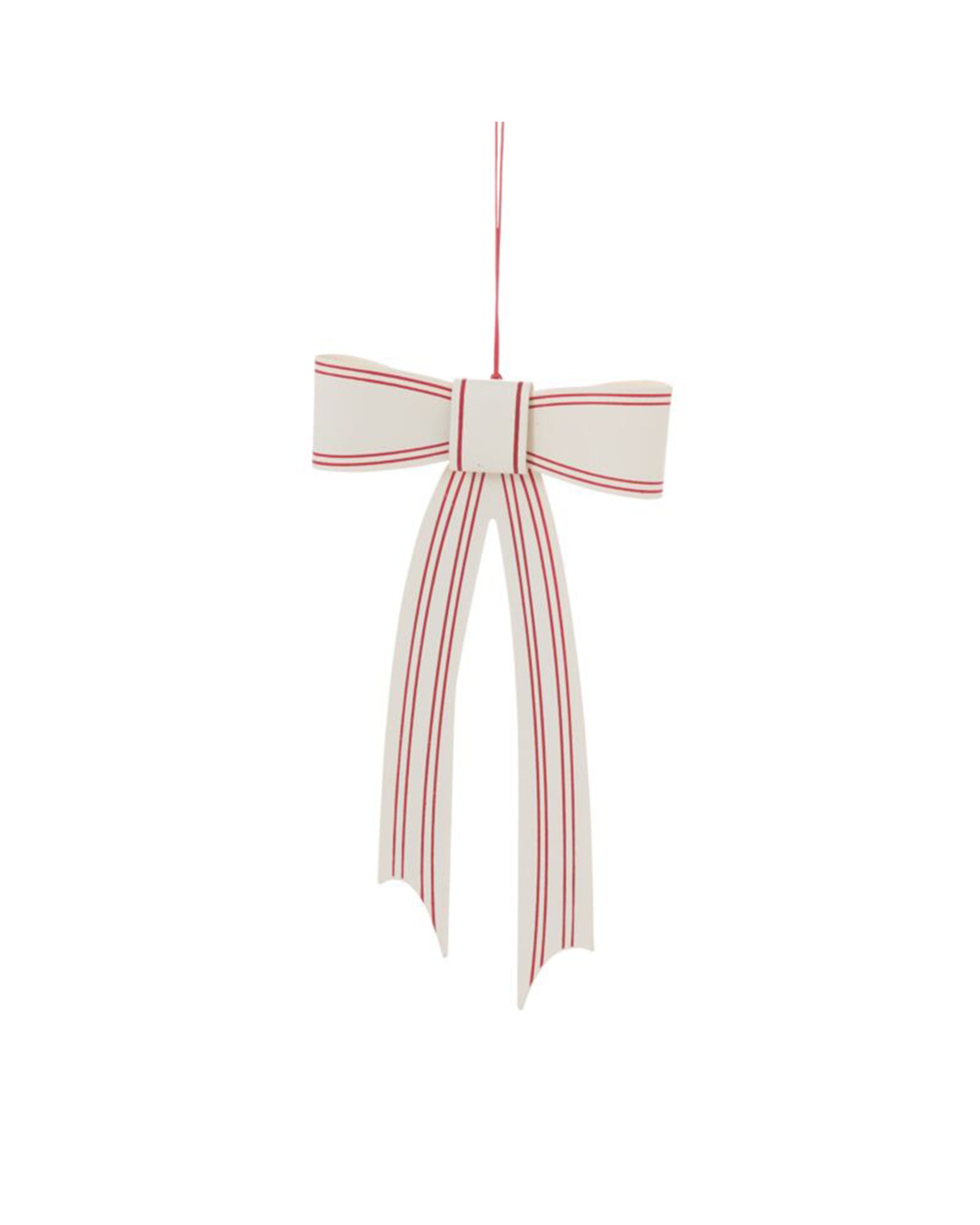 The Candace Ornament 5x9.5" by Accent Decor is a white decorative topper with red stripes and two long tails, hanging by a thin red string against a plain white background.
