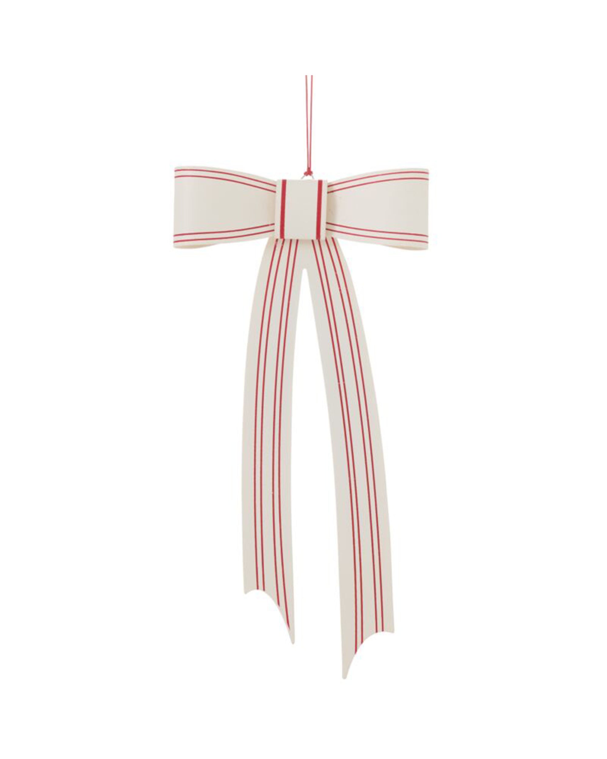 The Accent Decor 13701 Candace Ornament 6x12 is a white ribbon bow with red stripes, two long tails, and a red string for hanging—perfect as a Christmas decoration or gift topper, shown on a plain white background.