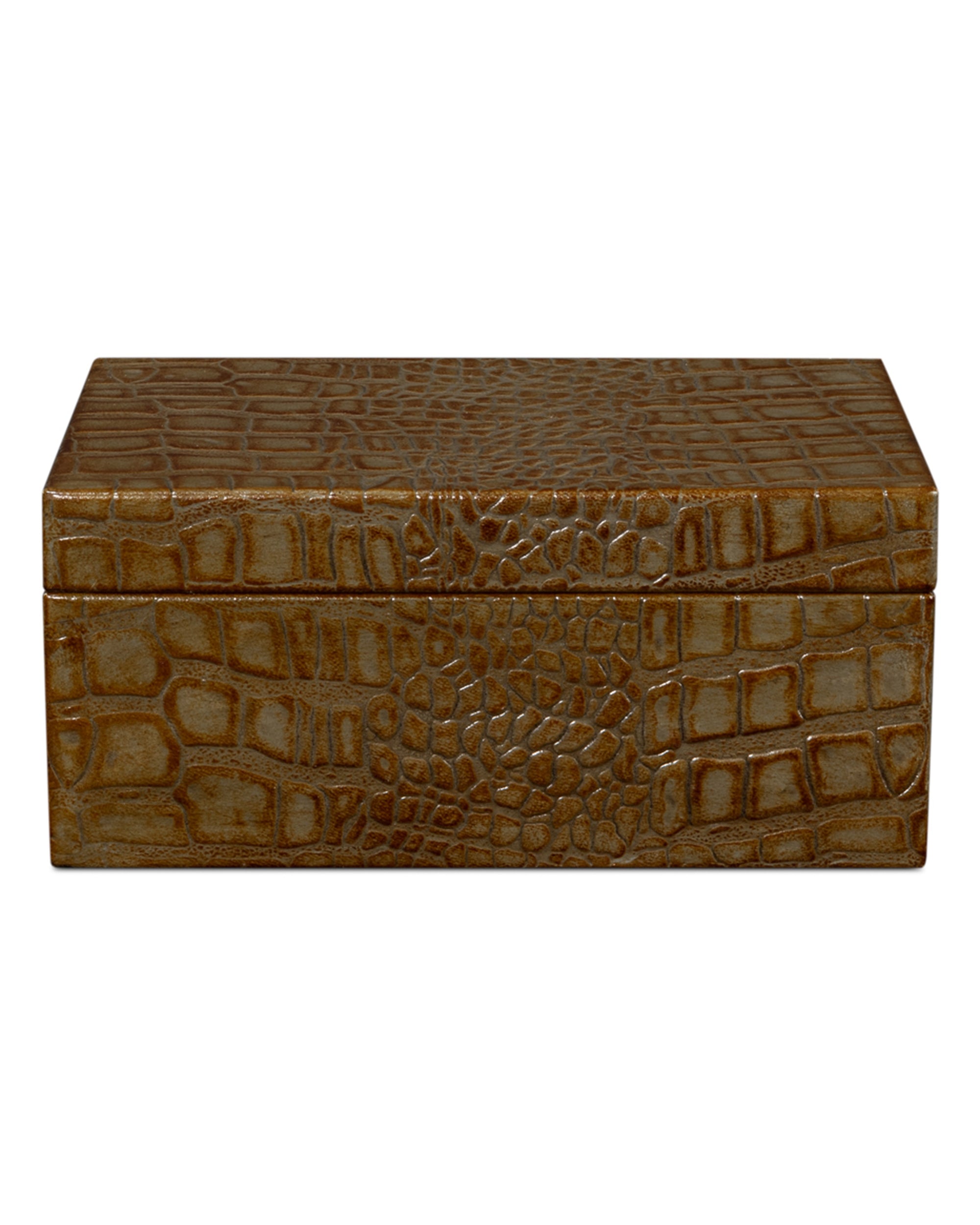 The Sarreid Candece Leather Box, a rectangular brown piece with a CrocoEmbossed texture, is shown closed against a white background, adding traditional elegance.