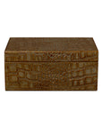 The Sarreid Candece Leather Box, a rectangular brown piece with a CrocoEmbossed texture, is shown closed against a white background, adding traditional elegance.