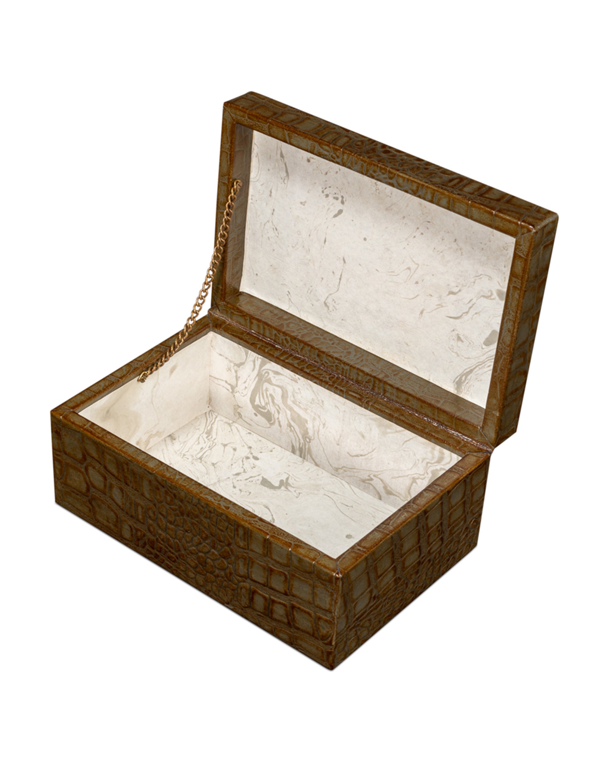 The Sarreid Candece Leather Box is a rectangular brown Croco-embossed leather piece with a lid attached by a gold chain and opens to reveal a light marbled interior.