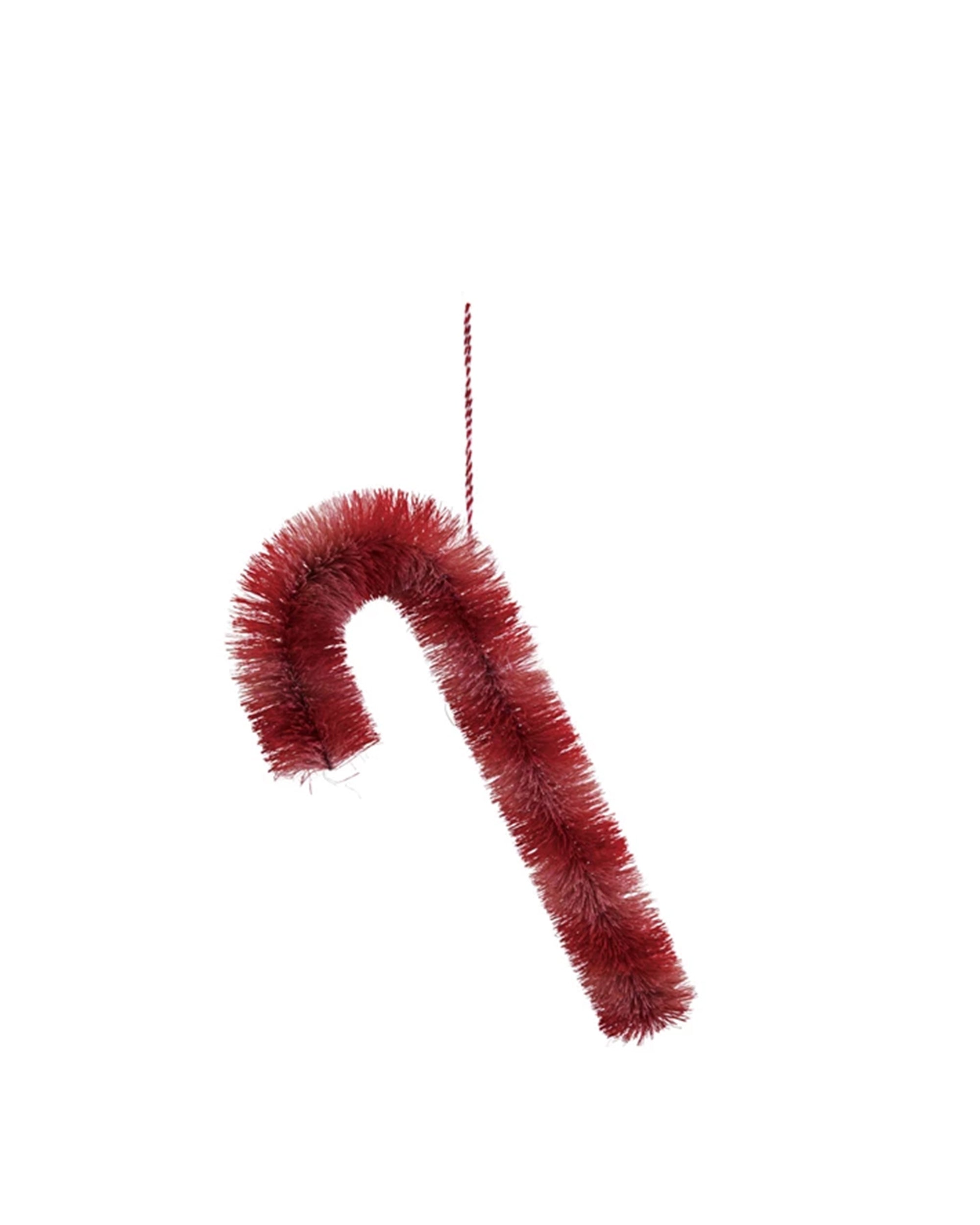 The Creative Co-op Candy Cane Ornament Lg features a red tinsel design hanging from a thin red and white string, highlighting a classic candy cane style against a plain white background.