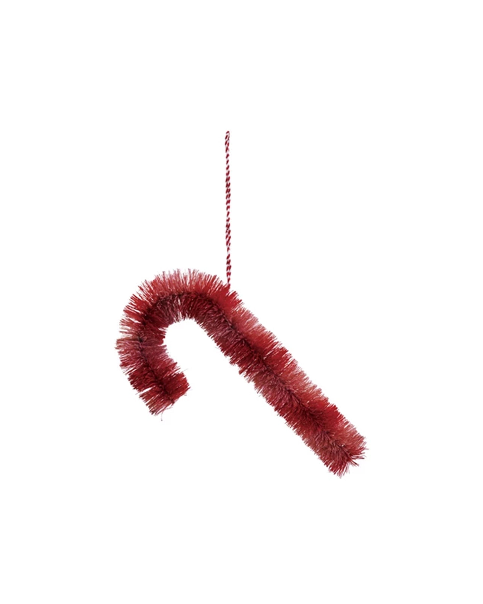 The Creative Co-op Candy Cane Ornament small, covered in red tinsel and hanging from a red and white string, adds a festive touch against a plain white background.