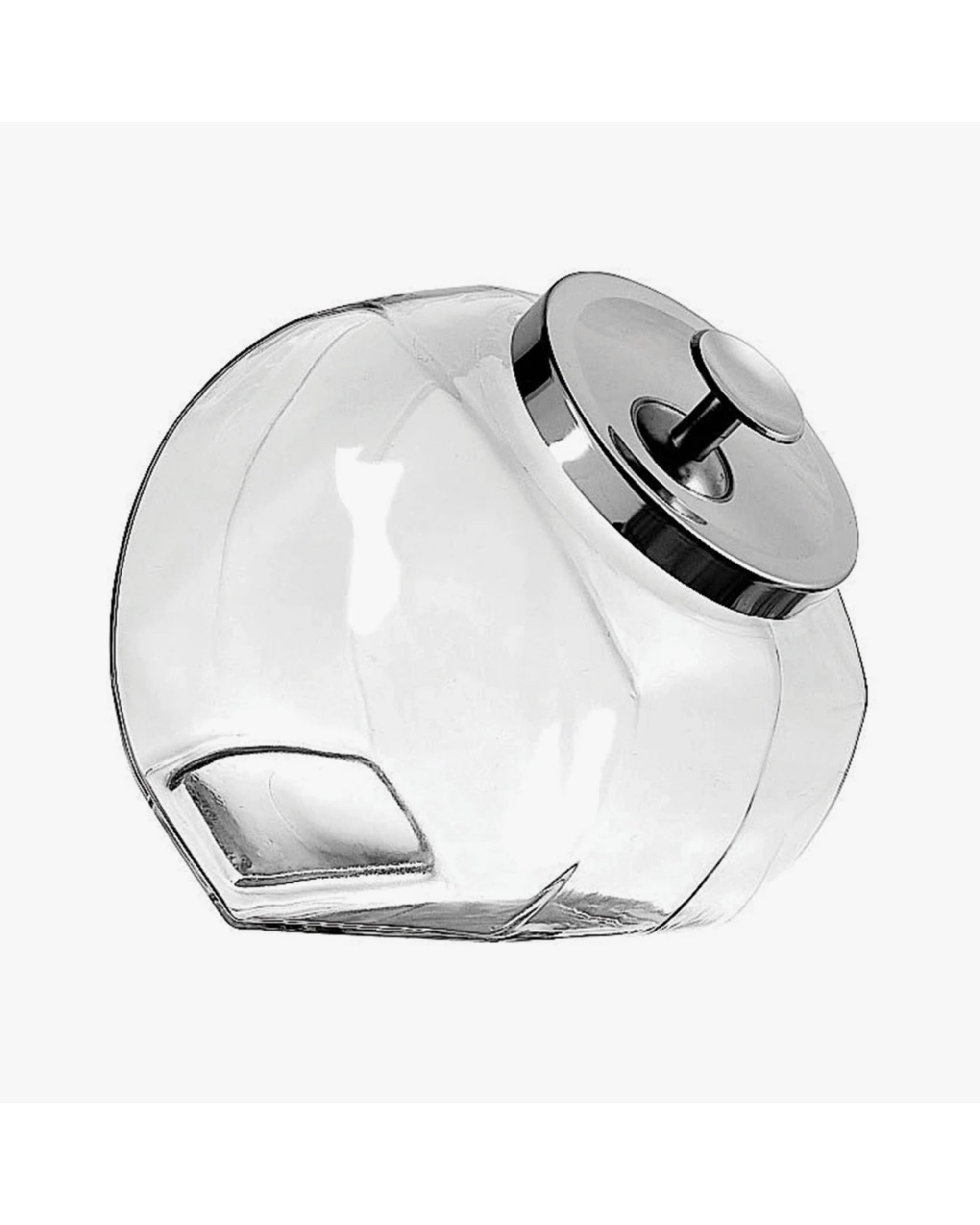 The Faire AH Penny Candy & Cookie Jar features a clear, tilted glass design with a wide opening and shiny metal lid, perfect for displaying treats or using as a stylish cookie jar against a plain white background.