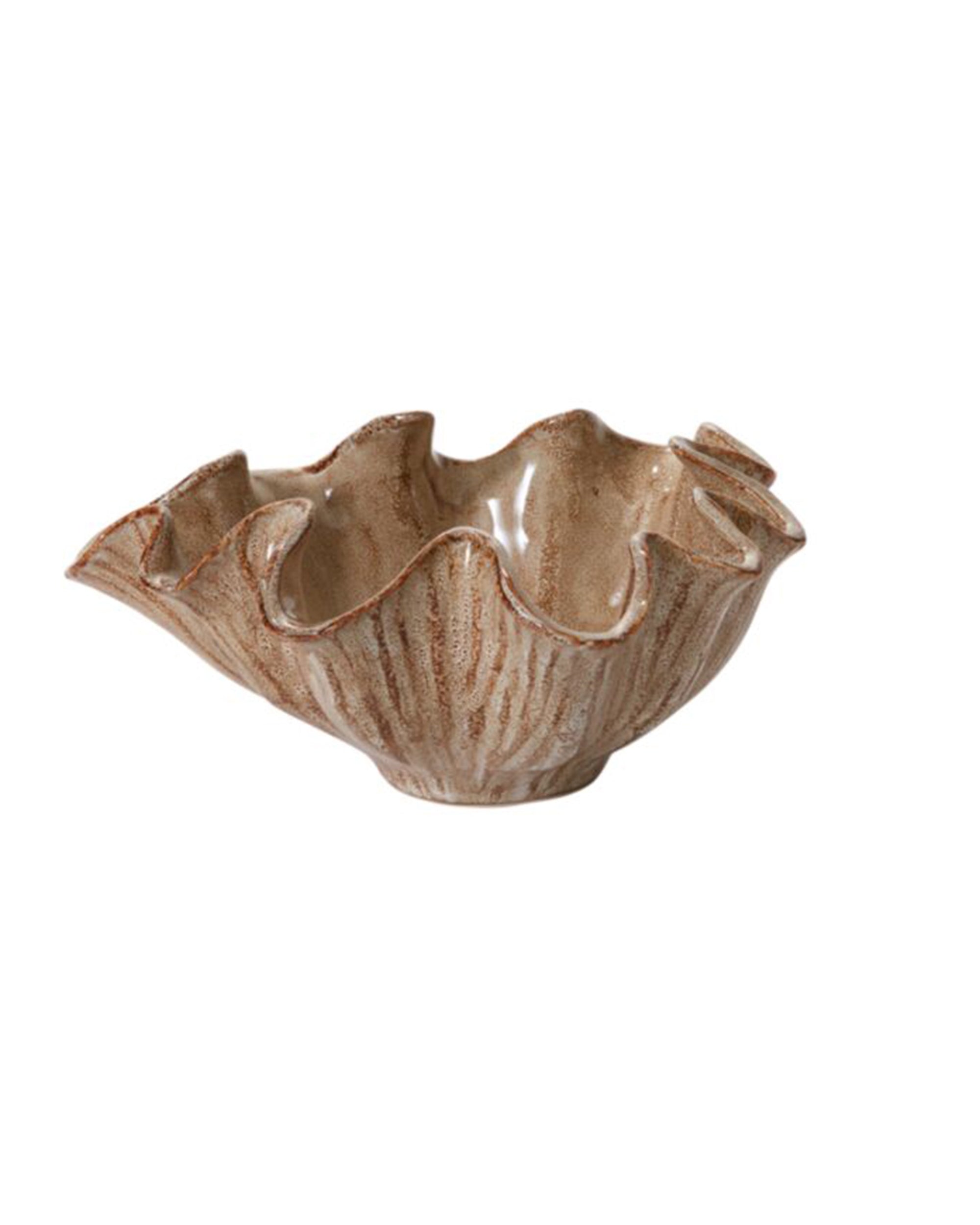 Wavy beige ceramic bowl with ruffled edge and glossy finish by Accent Decor, Caraway Bowl Collection.