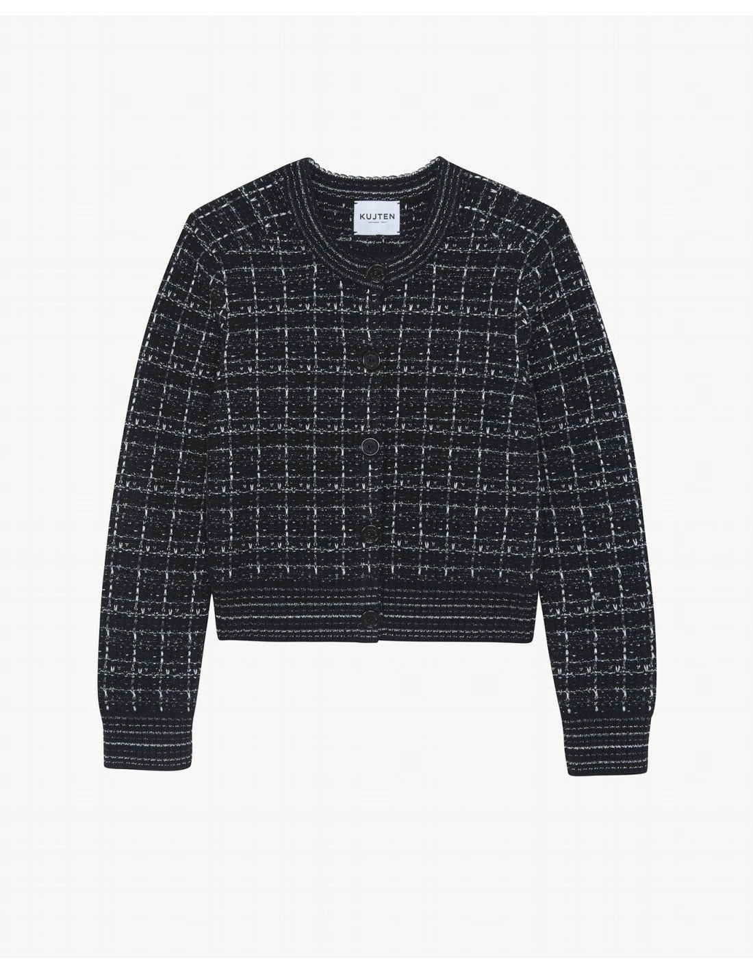 Black and white plaid knit cardigan with long sleeves, by KUJTEN, Caroline Cardi Tweed collection.