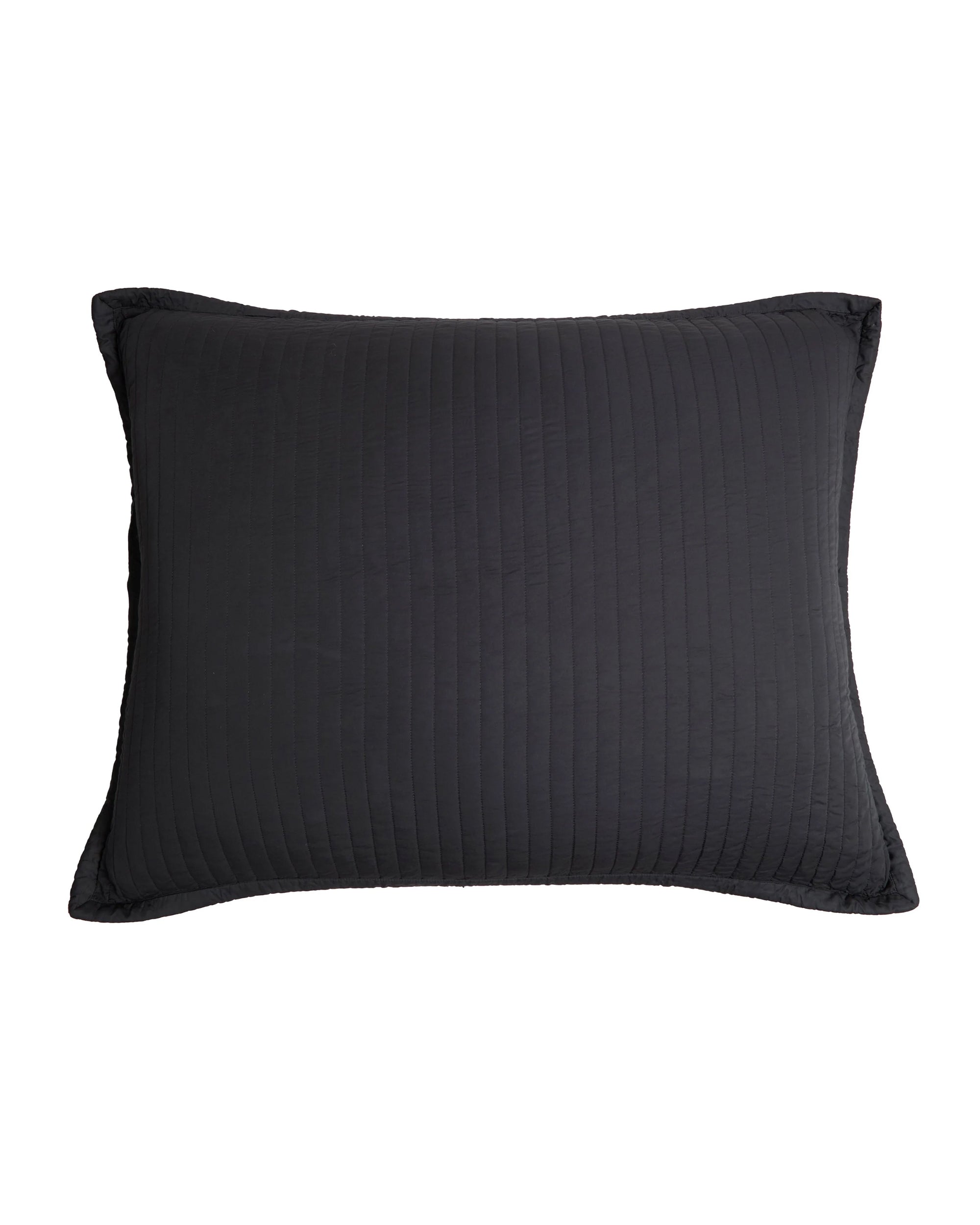 The Carlyle Big Pillow by POM POM is a rectangular, dark gray quilted bamboo rayon pillow with vertical stitching that provides moisture-wicking comfort and temperature regulation.