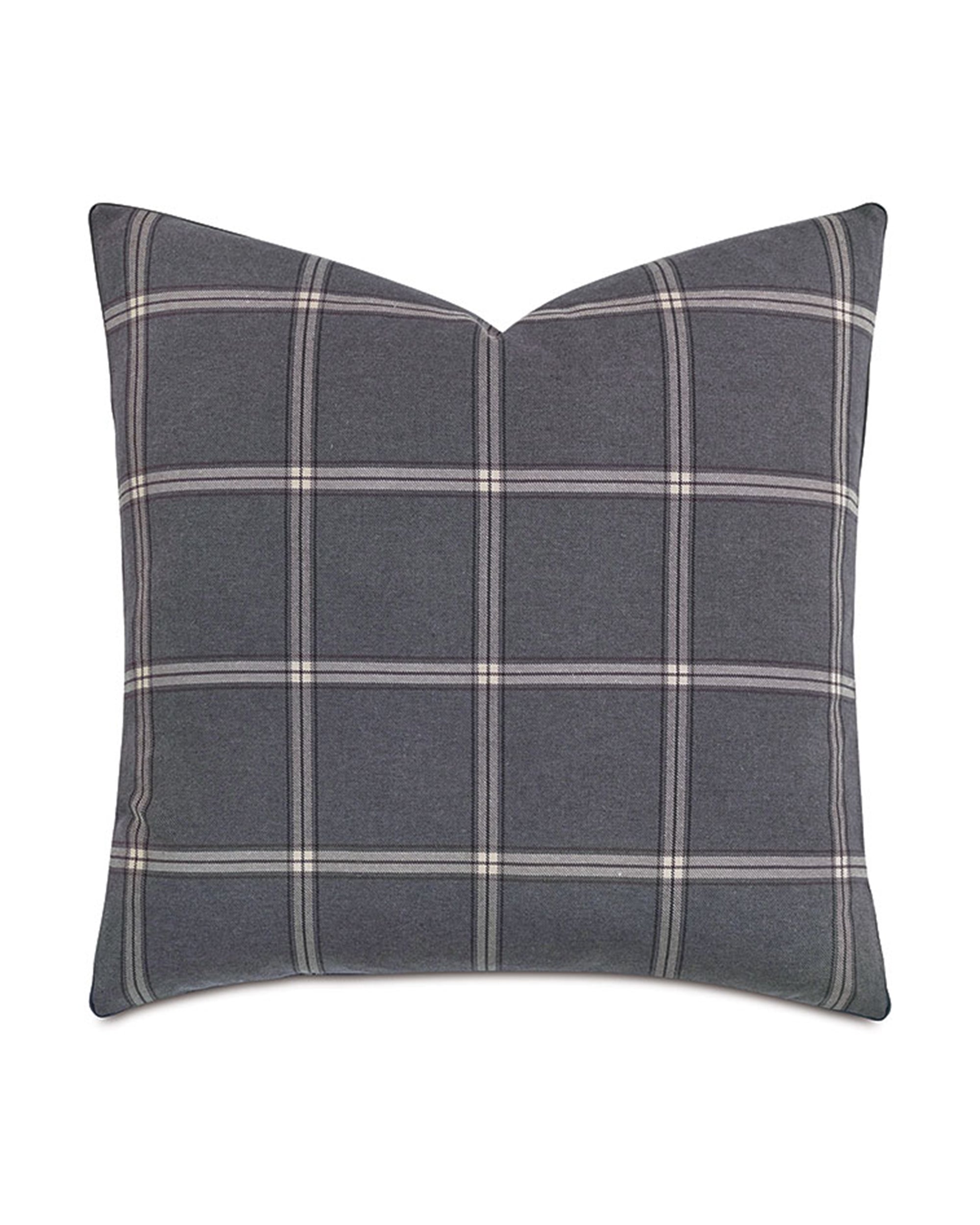 The BB-DEC-290 Carmel Plaid Pillow by Eastern Accents is a 24x24 throw pillow with a dark gray background and light gray and white plaid pattern, featuring a zipper closure, shown on a white background.