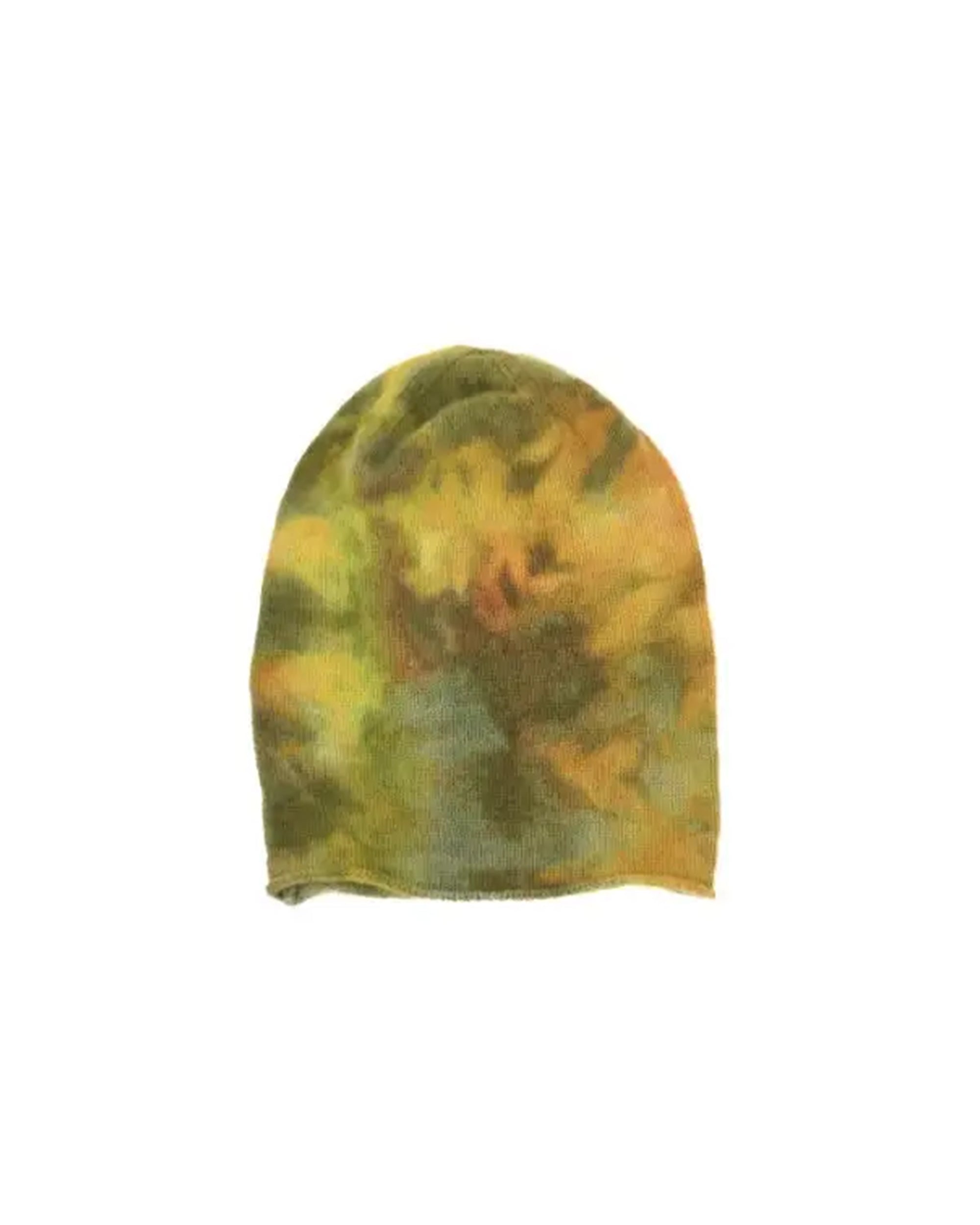 The Faire Cashmere Beanie showcases a hand-dyed green, yellow, and brown tie-dye pattern, displayed on a plain white background.