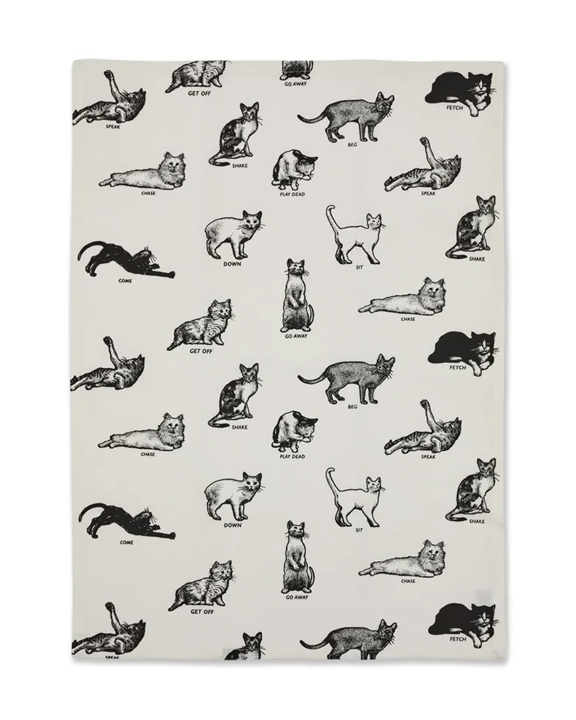 Cotton tea towel with playful black cats and commands, by Fishes Eddy, 20x28 inches, ideal for kitchens.