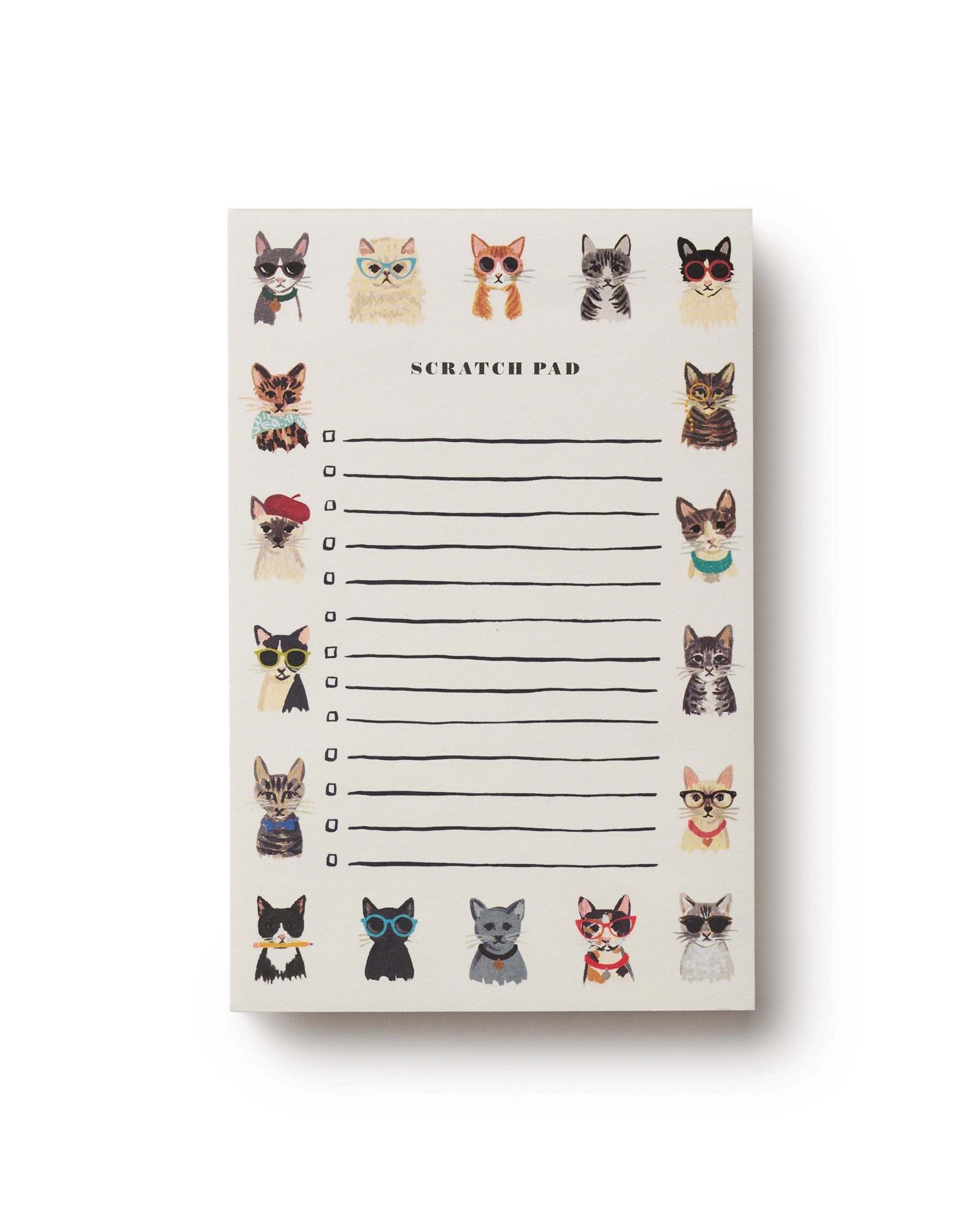 The Faire Cool Cats Notepad features tear-off, lined sheets with checkboxes, bordered by quirky cats in glasses and accessories along the edges.