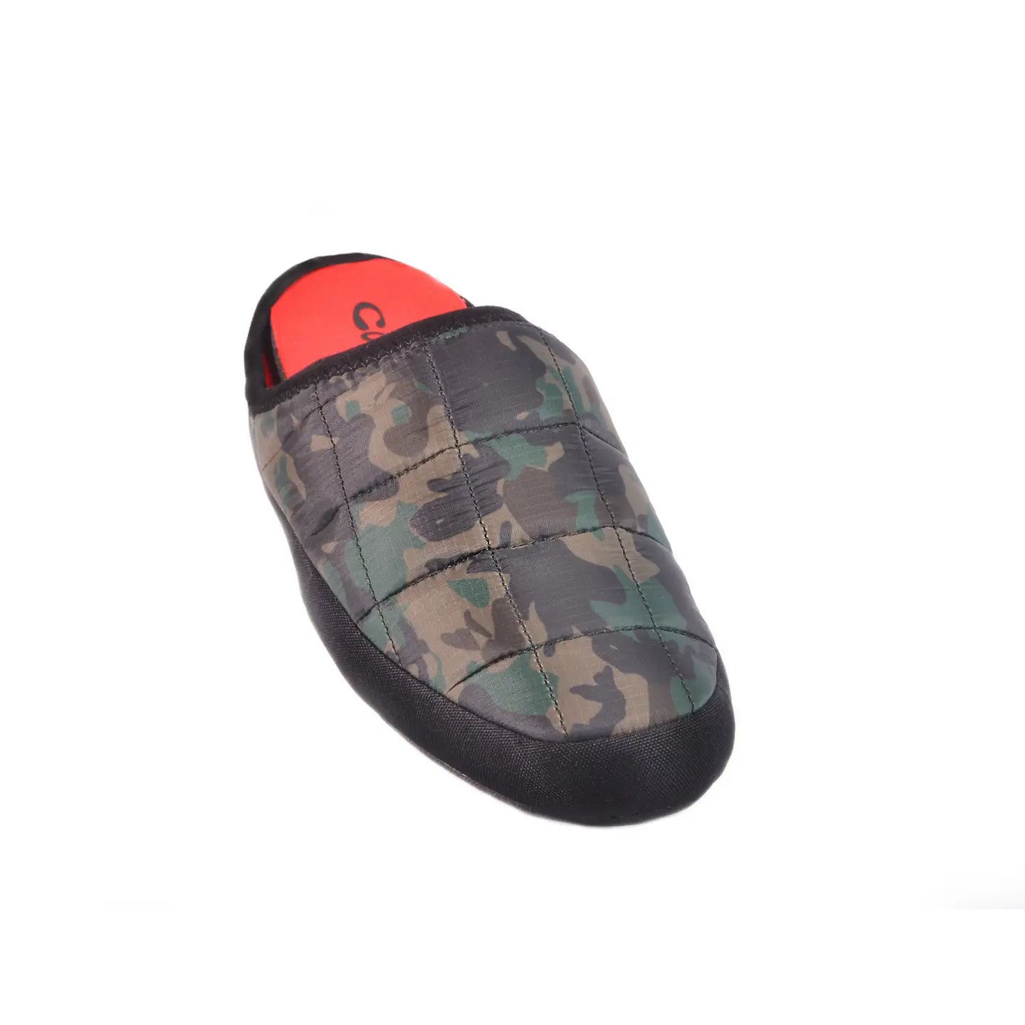 The Faire Coma Toes lounge slippers feature a green and brown camouflage pattern, red insoles, and black soles, shown against a white background.
