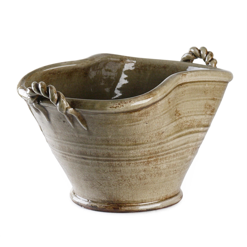 The Zentique Grey Ceramic Pot features a glazed finish, flared rim, and two twisted handles on each side. Its tan-grey ceramic surface displays a slightly uneven, rustic texture, shown against a white background.