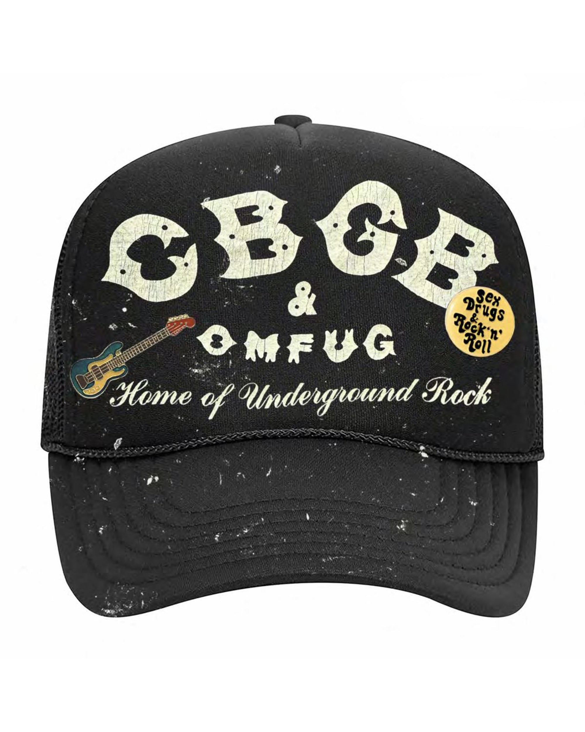 The MadeWorn Hat by Made Worn is a black cap with white speckles, a front patch reading “CBGB &amp; OMFUG Home of Underground Rock,” a small guitar graphic, yellow “Sex, Drugs &amp; Rock ’n’ Roll” button, and an adjustable back strap.
