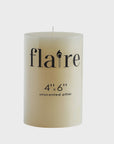 A cream Unscented Piller Candle 4x6 by Creative Co-op, with "4'' x 6'' unscented pillar" in black text, features a 4" round x 6"H size and offers a clean burn time of up to 110 hours.