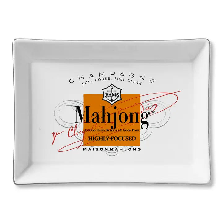 Mahjong-themed ceramic tray by Faire with decorative script, perfect for organizing or gifting.