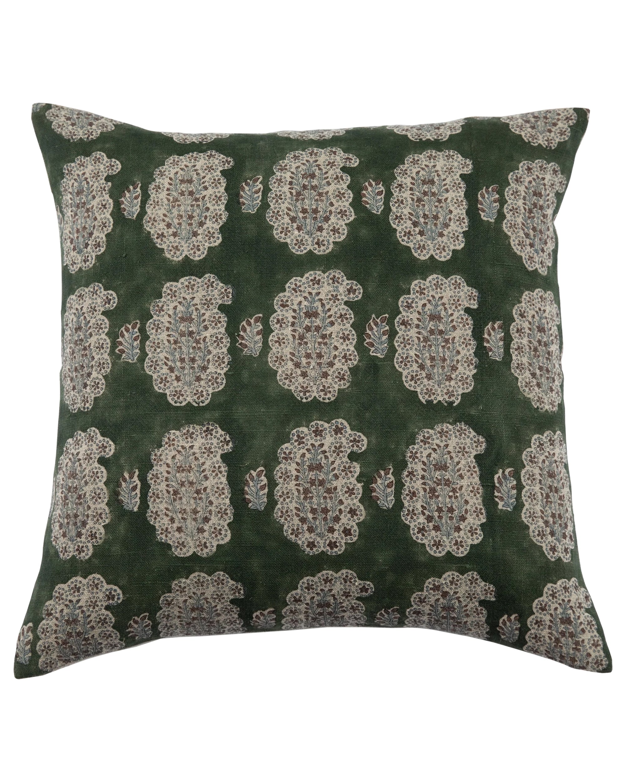 The Cefalu Olive 22x22 throw pillow by Filling Spaces LLC features linen fabric with a dark green base and ornate light floral and leaf patterns, plus a convenient zipper closure.