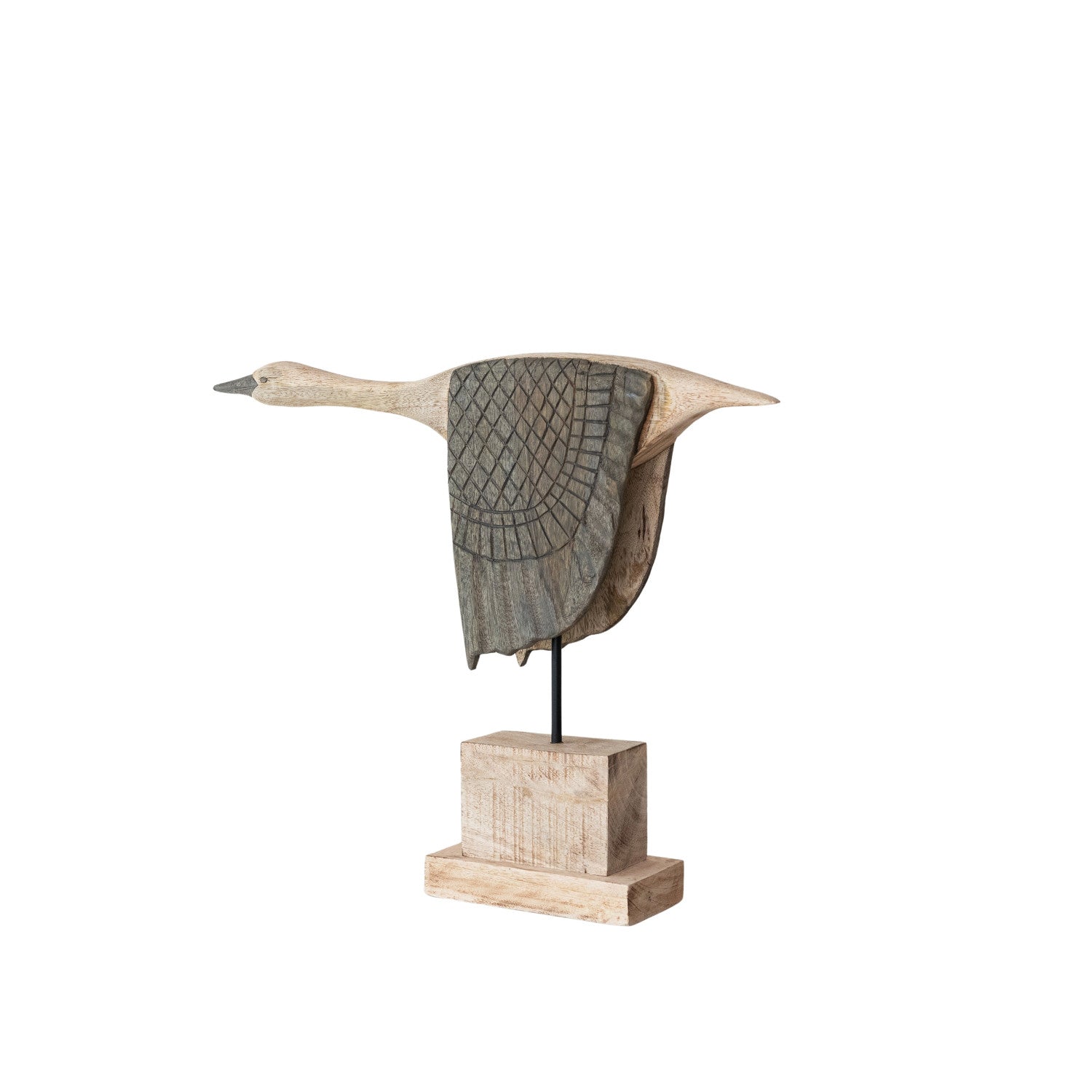 Hand-carved mango wood goose sculpture with patterned wings by Creative Co-op, rustic accent for home décor.
