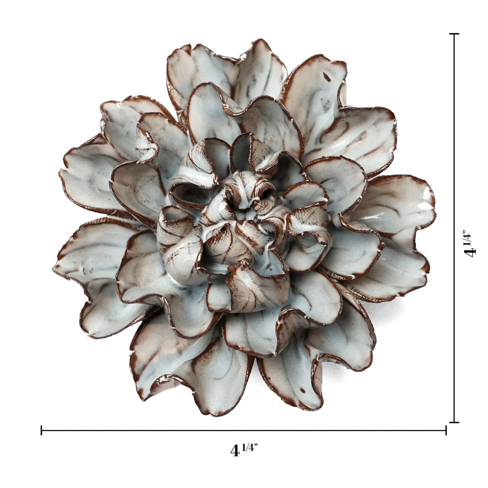 The Choco Mint Echo Lasianthus by Chive Ceramics (thru Faire) is a ceramic wall flower sculpture with layered white and brown petals, 4.25" tall and wide—ideal as modern artwork or wall art decor.