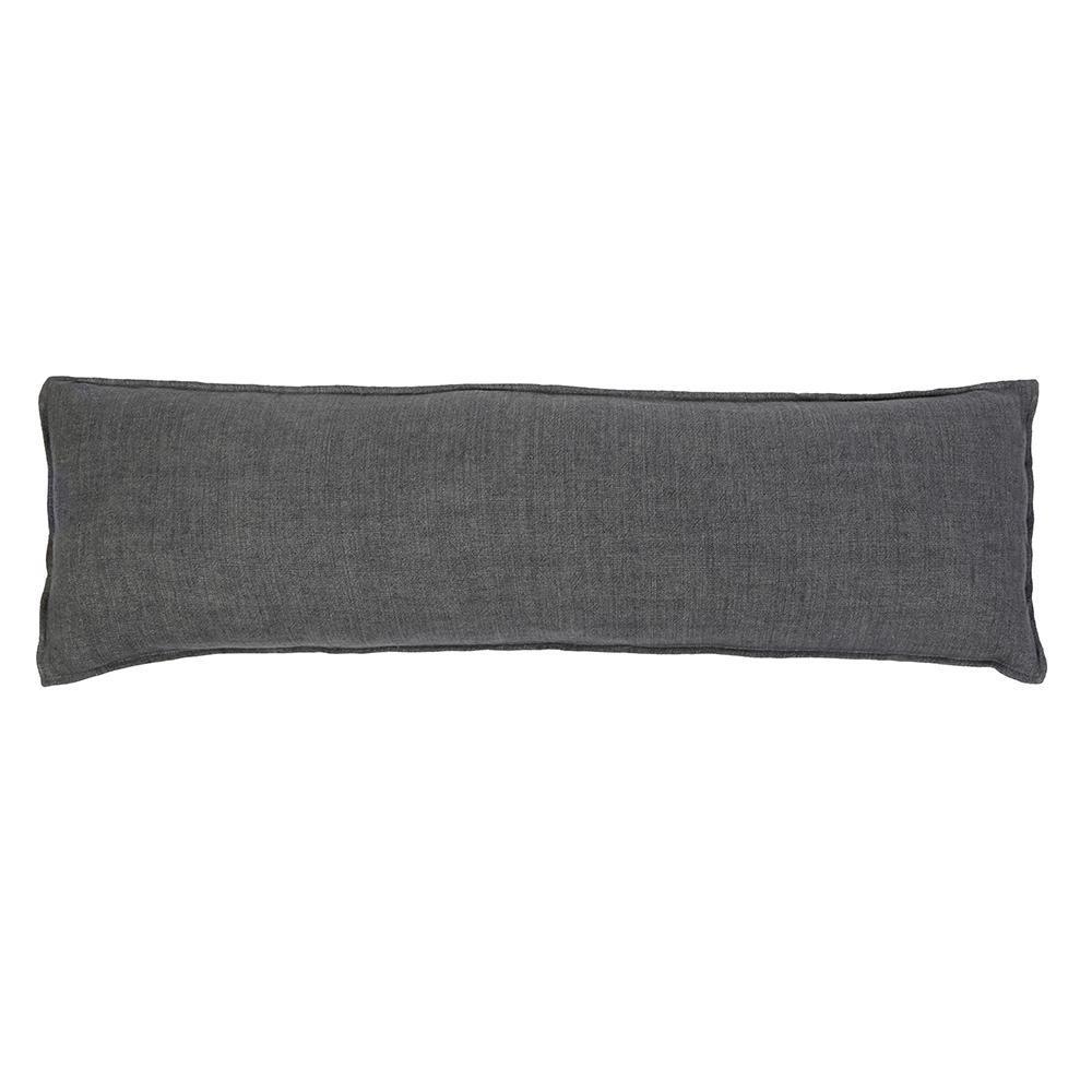 The Montauk Body Pillow by POM POM features a long, rectangular shape and a dark gray, heavy-weight linen textured surface, displayed against a white background.