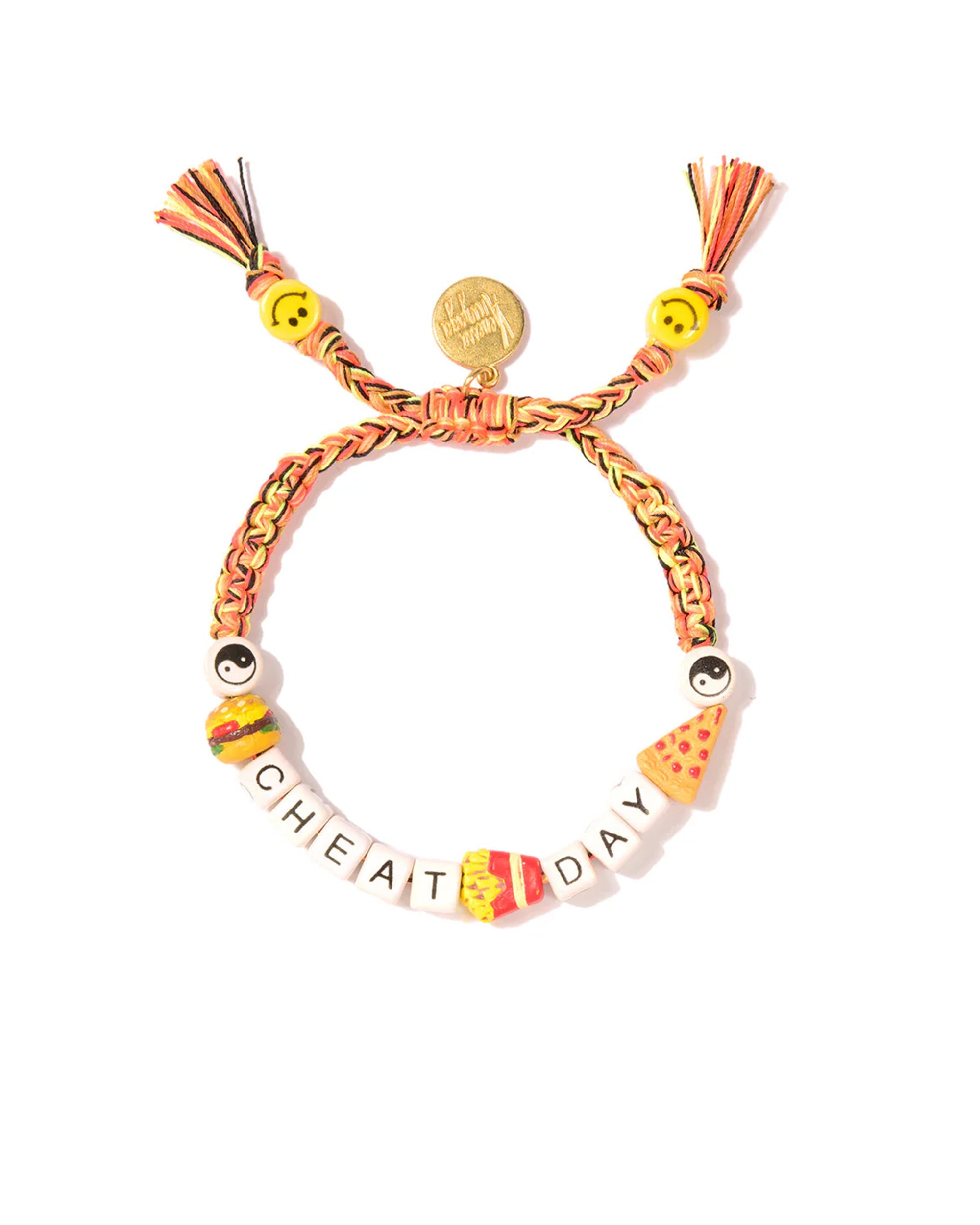 The Venessa Arizaga Bracelet 6" is a colorful, adjustable charm bracelet with tassels, yellow smiley beads, and "CHEAT DAY" letter beads. Features ceramic charms of burger, fries, pizza, plus a round gold accent for fun junk food flair.