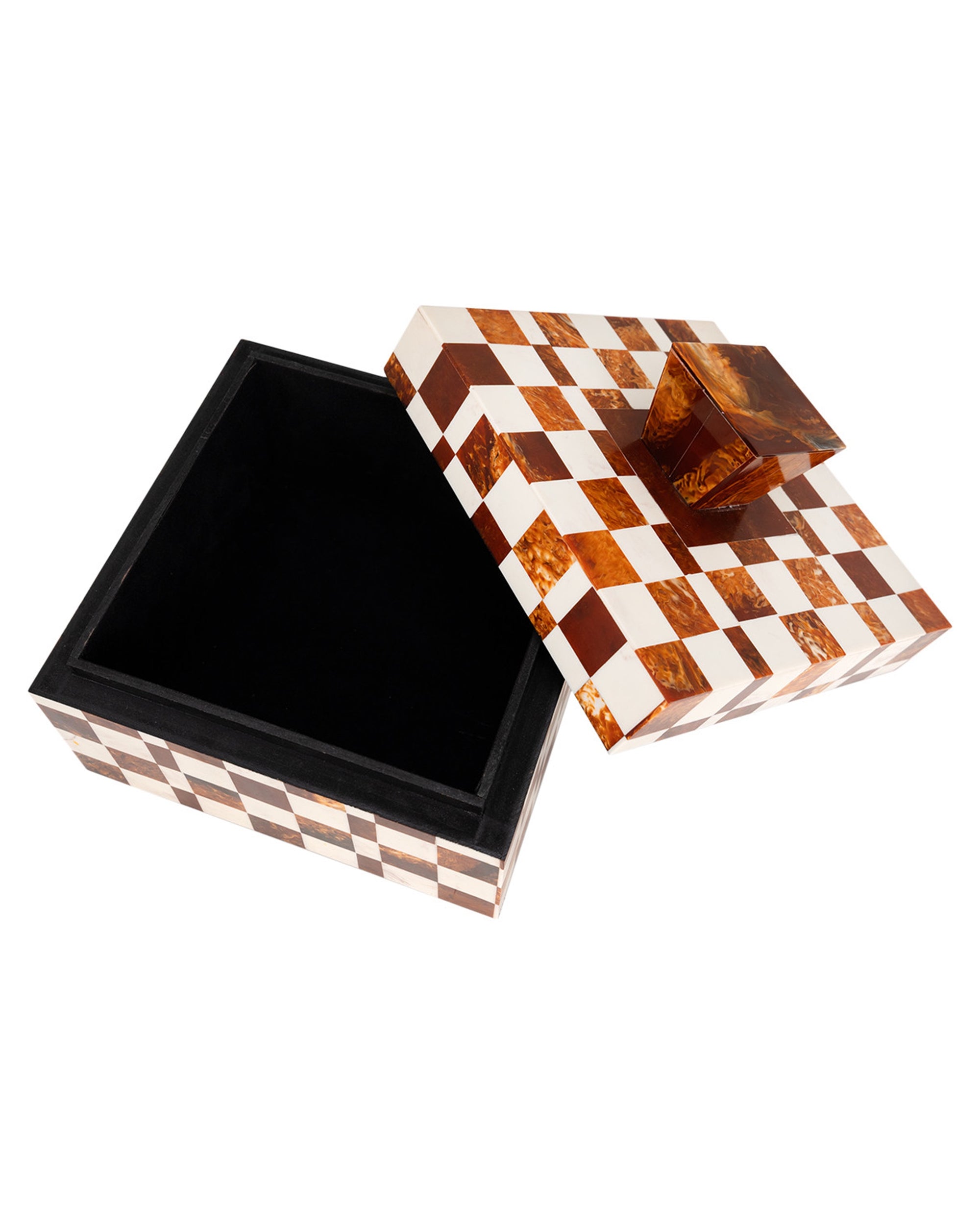 The Camiro Short Box by The Import Collection features a brown, amber, and white checkerboard pattern with a large geometric handle. Its open lid reveals a black interior, making it ideal decorative storage for your space.